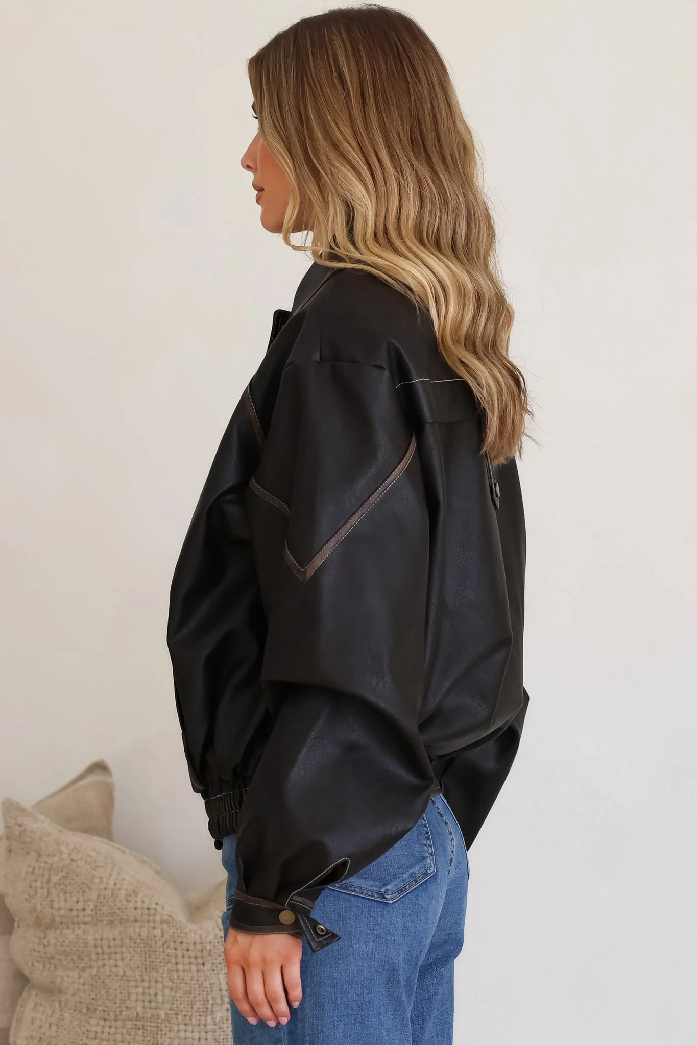 Liano Jacket - Notched Collar PU Leather Constrast Stitch Utility-Style Jacket in Brown - Image 11
