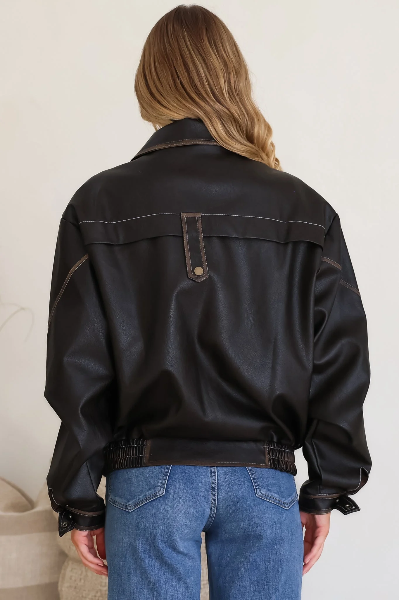 Liano Jacket - Notched Collar PU Leather Constrast Stitch Utility-Style Jacket in Brown - Image 12