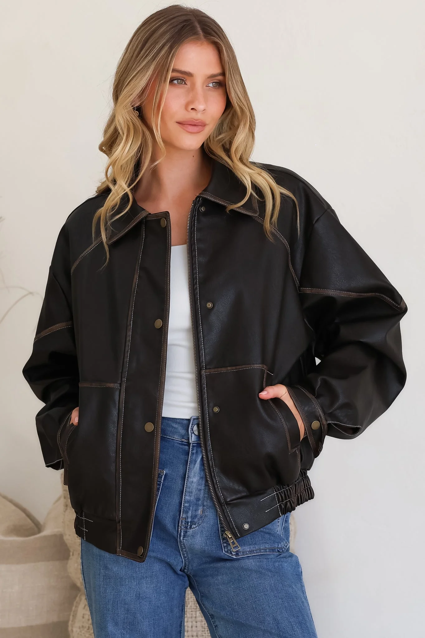 Liano Jacket - Notched Collar PU Leather Constrast Stitch Utility-Style Jacket in Brown - Image 2