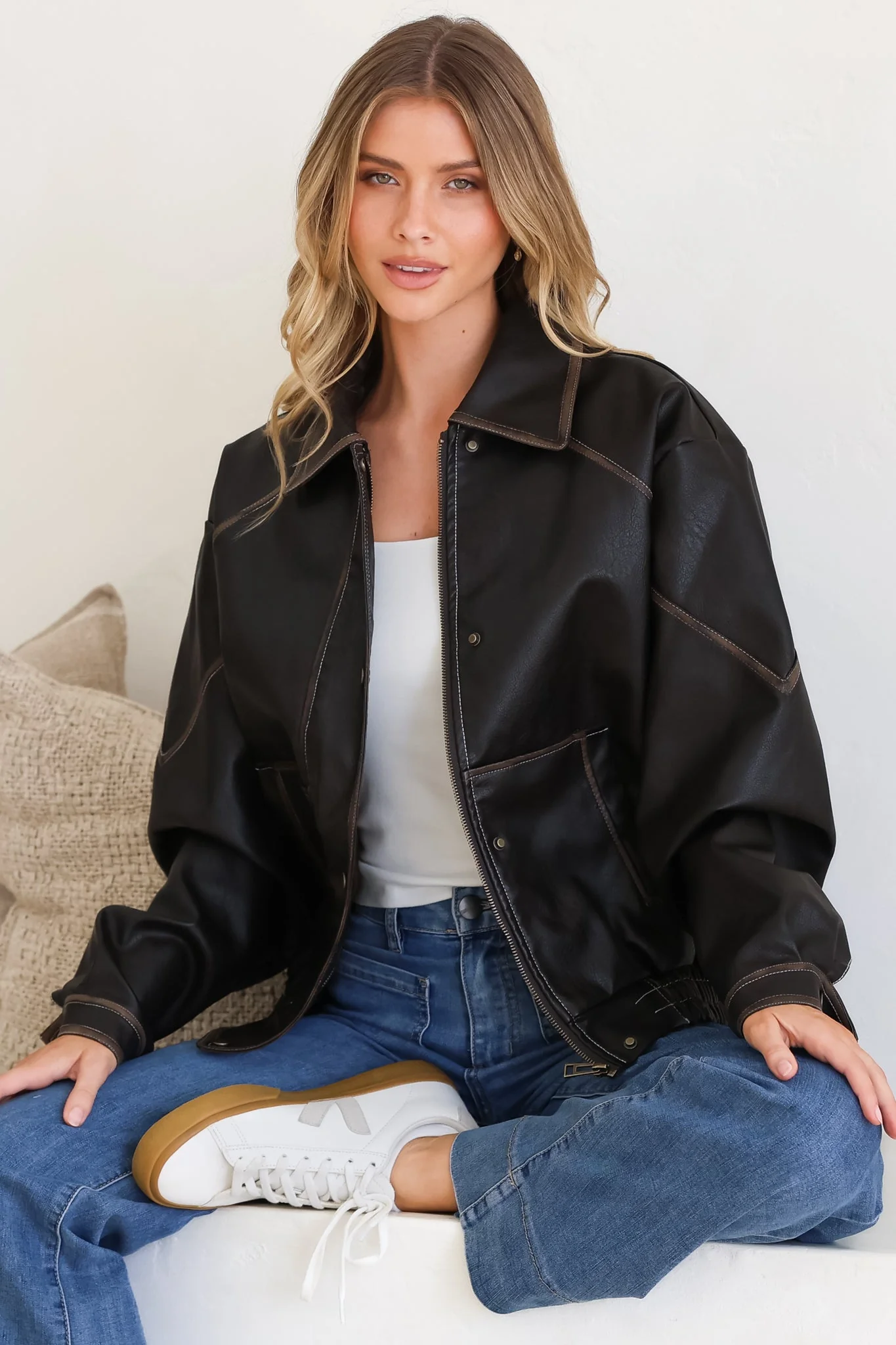 Liano Jacket - Notched Collar PU Leather Constrast Stitch Utility-Style Jacket in Brown - Image 4