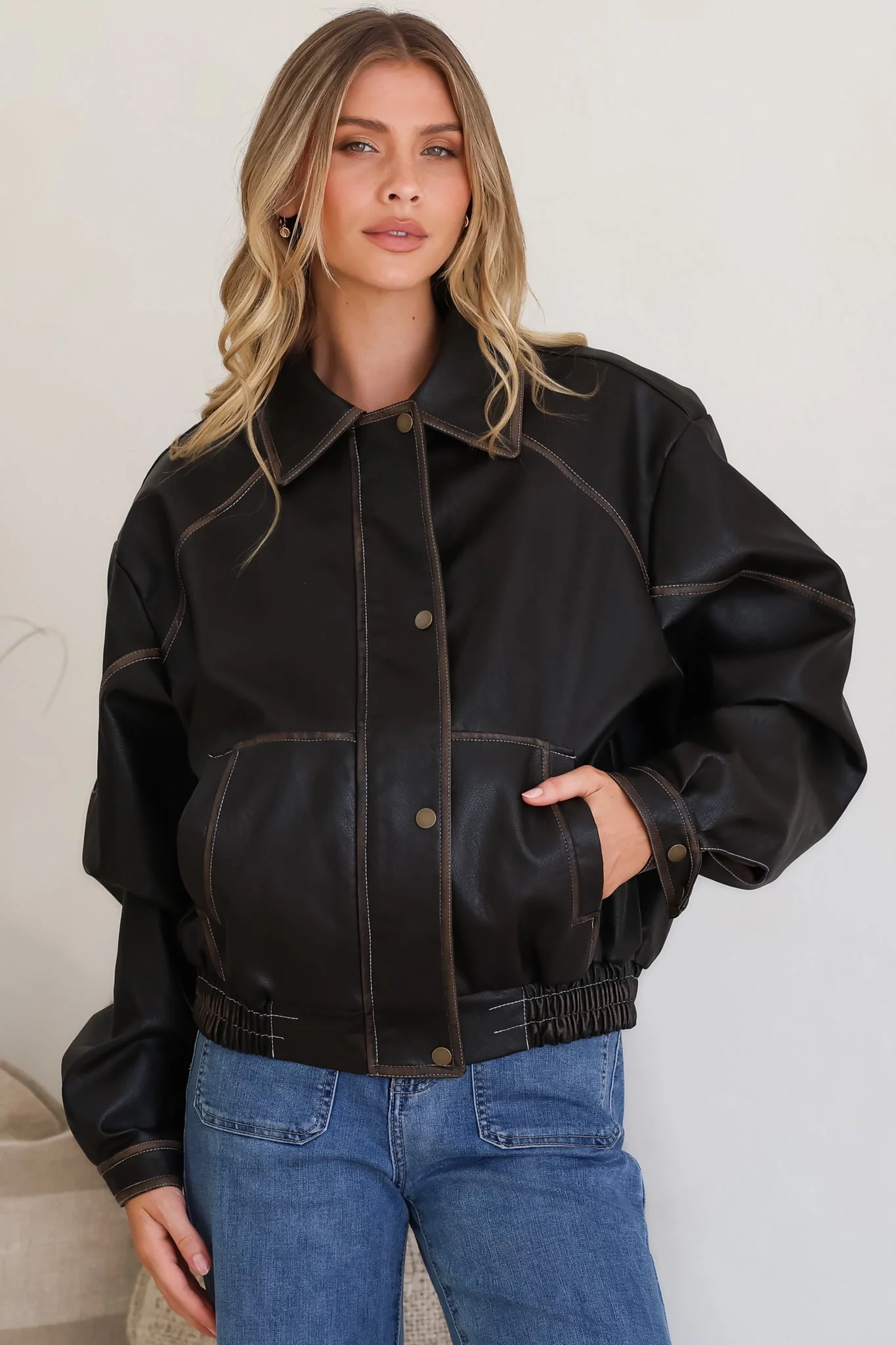 Liano Jacket - Notched Collar PU Leather Constrast Stitch Utility-Style Jacket in Brown - Image 5