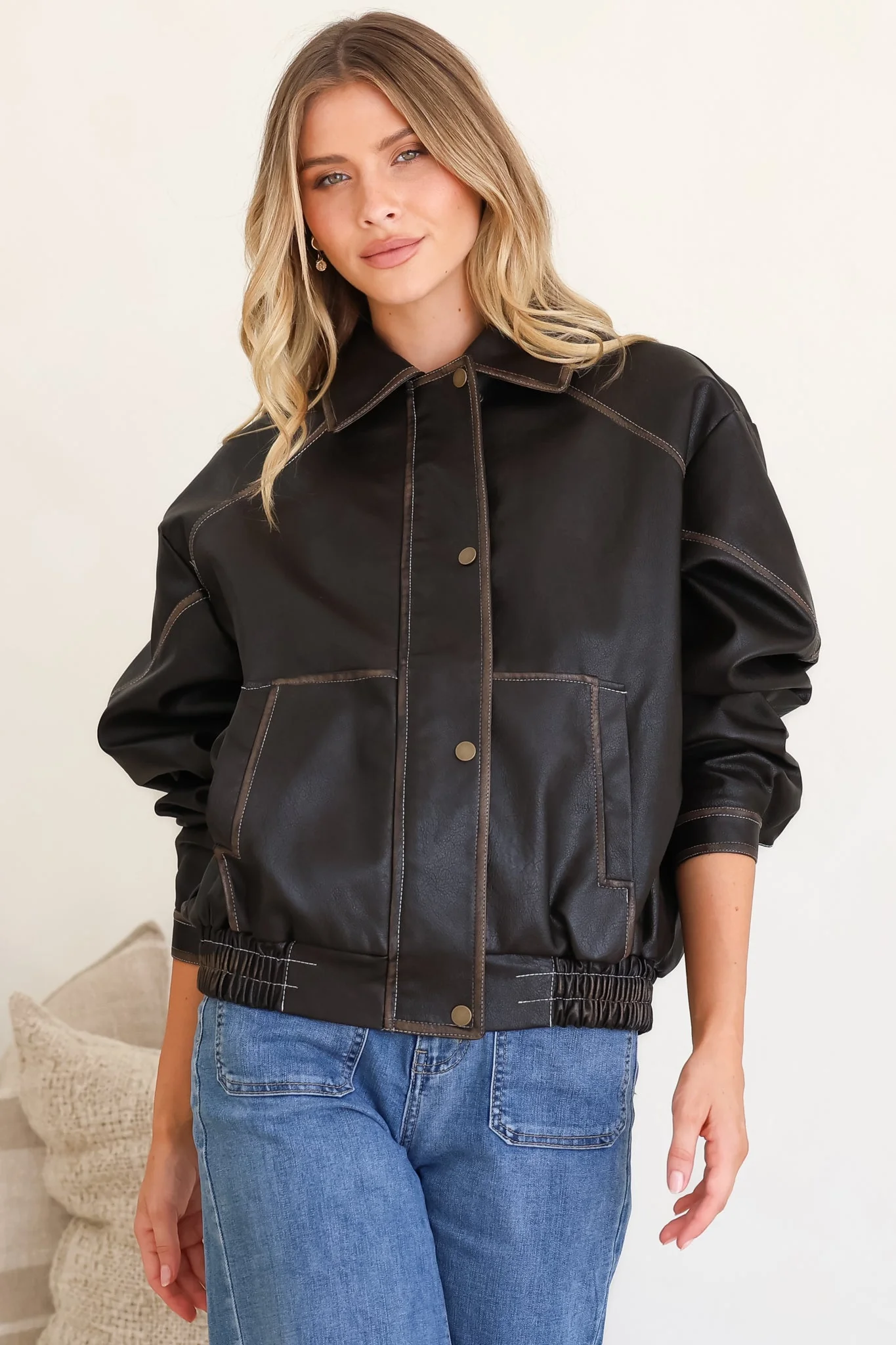 Liano Jacket - Notched Collar PU Leather Constrast Stitch Utility-Style Jacket in Brown - Image 6