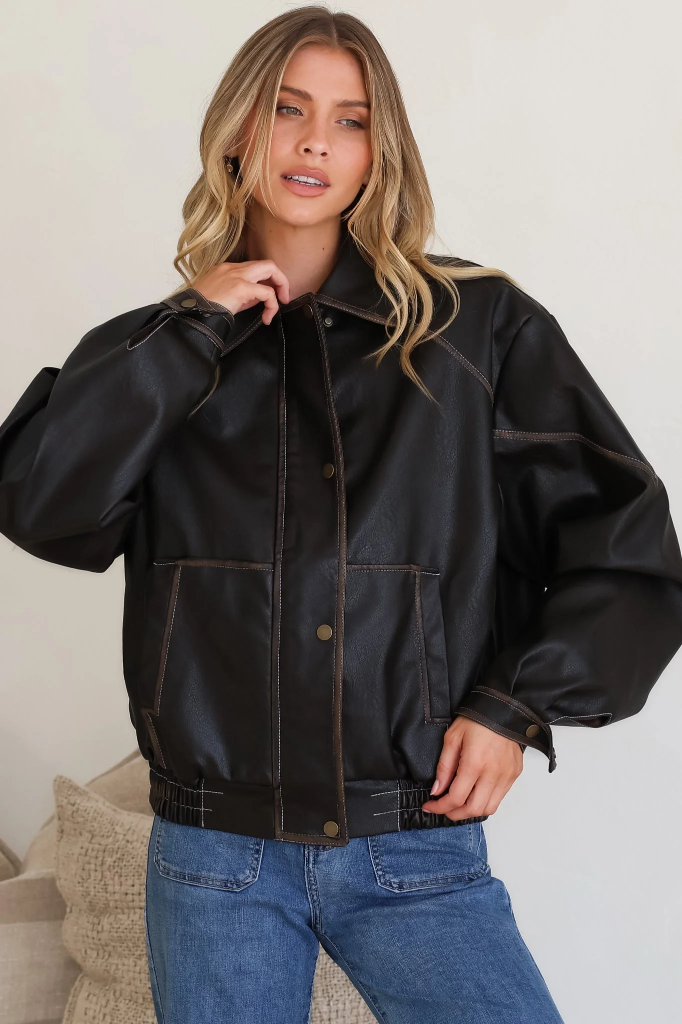 Liano Jacket - Notched Collar PU Leather Constrast Stitch Utility-Style Jacket in Brown - Image 8
