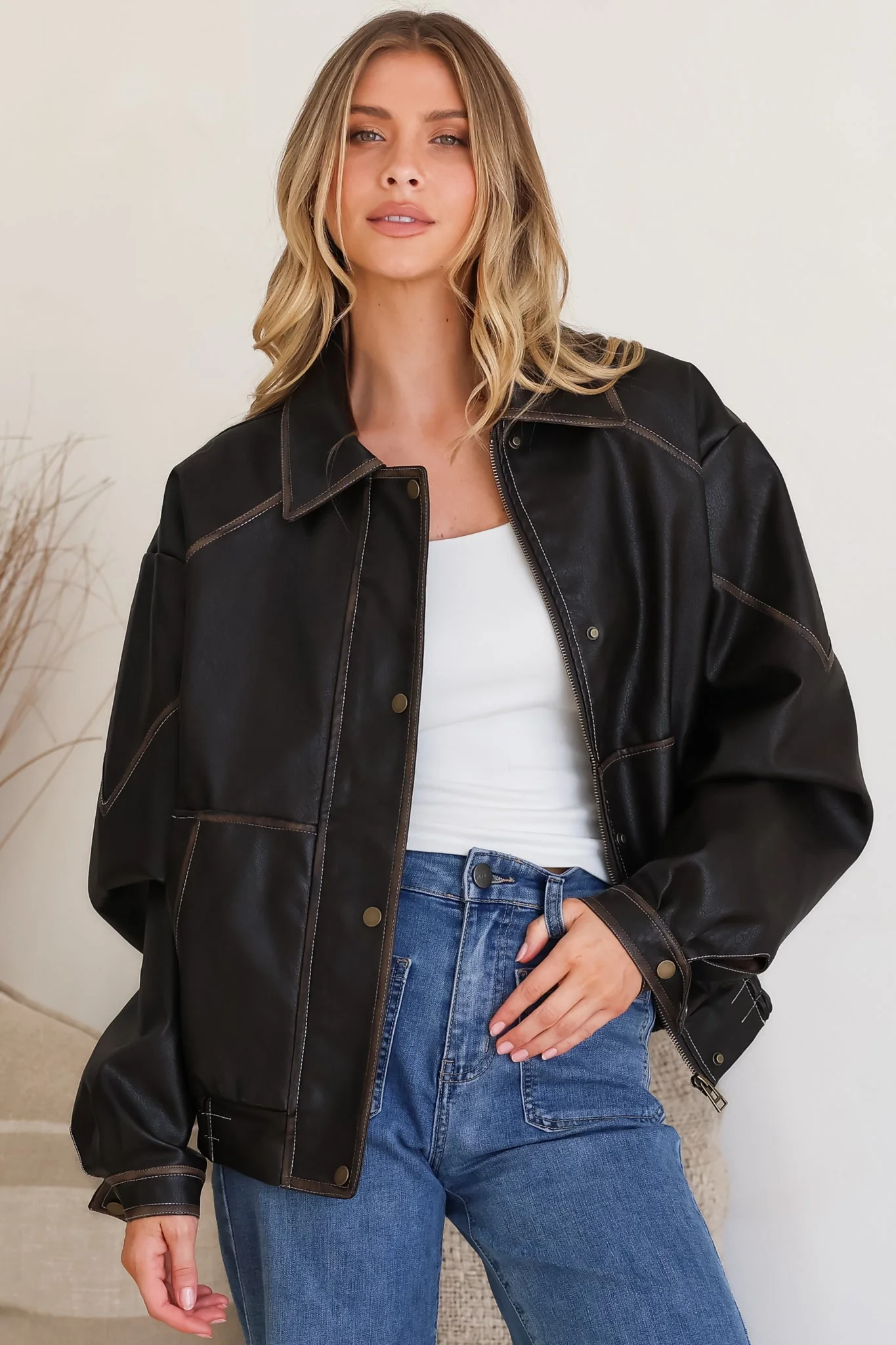 Liano Jacket - Notched Collar PU Leather Constrast Stitch Utility-Style Jacket in Brown - Image 9