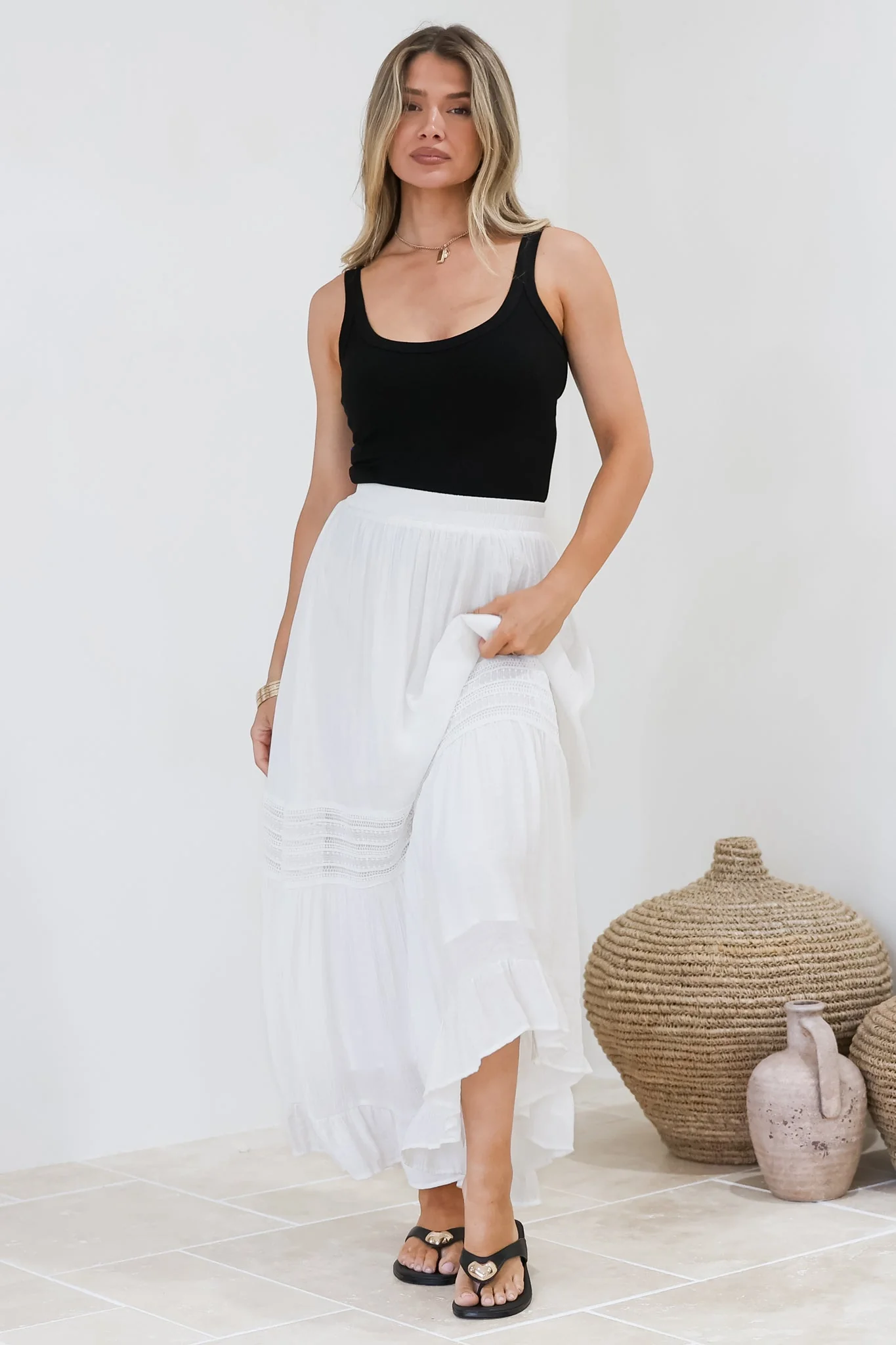 Linley Maxi Skirt - High Waisted Lace Insert Splicing Skirt in White - Image 3