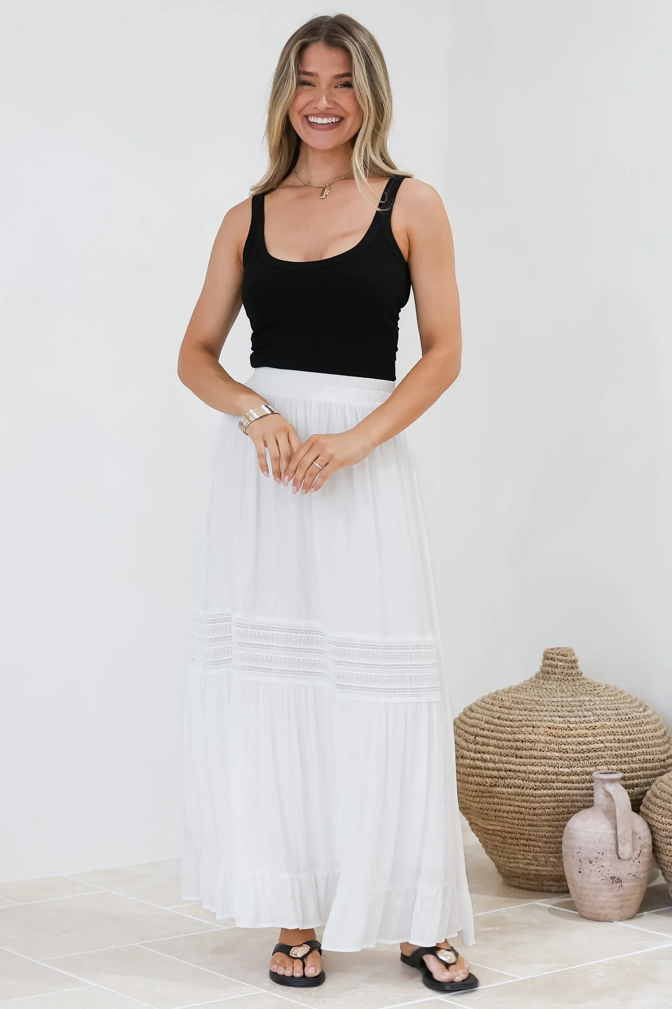 Linley Maxi Skirt - High Waisted Lace Insert Splicing Skirt in White - Image 4