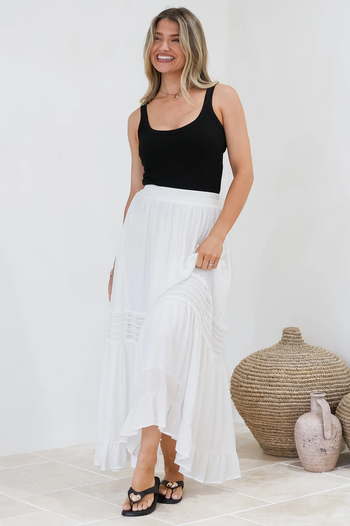 Linley Maxi Skirt - High Waisted Lace Insert Splicing Skirt in White - Image 5
