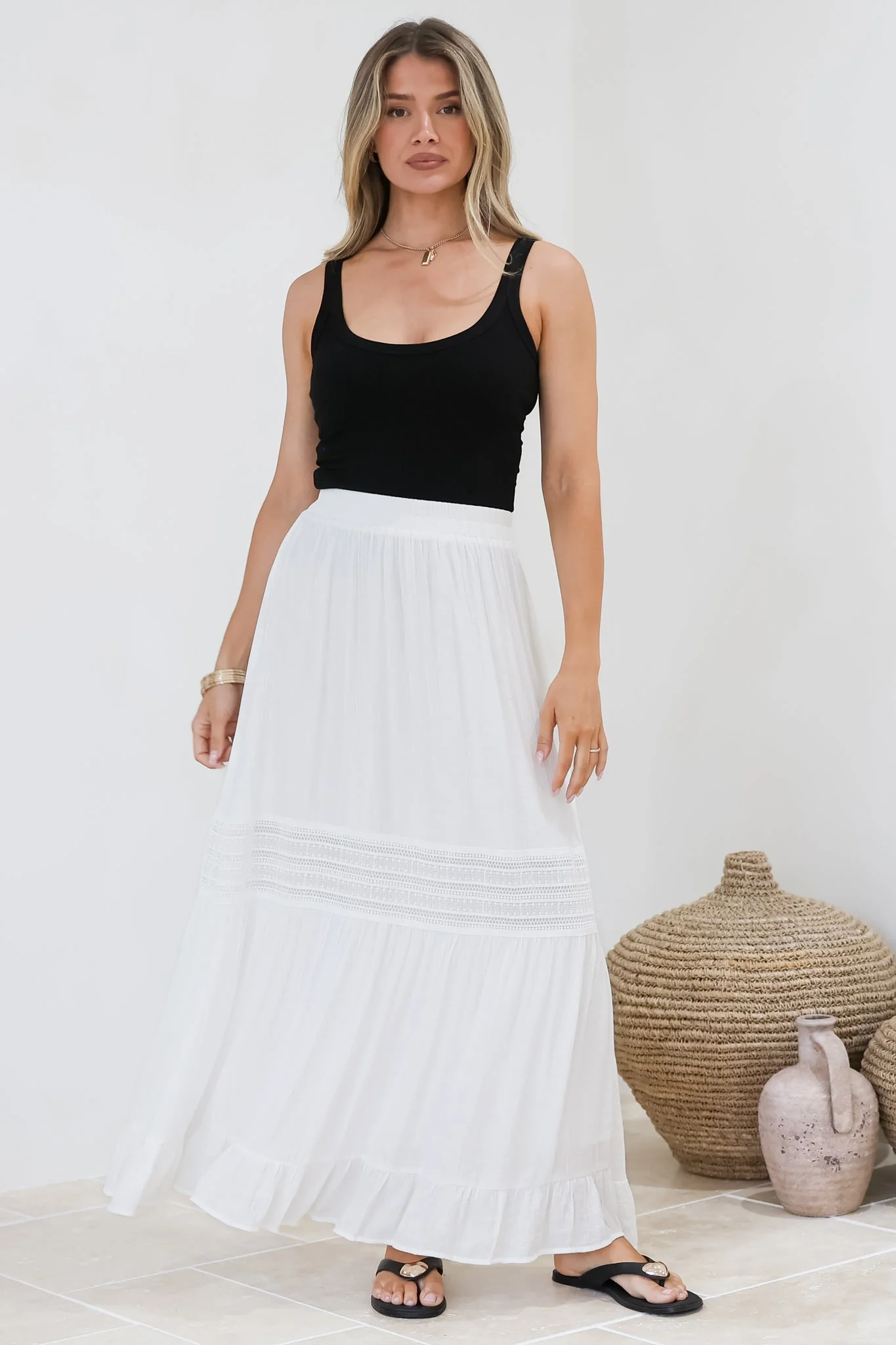 Linley Maxi Skirt - High Waisted Lace Insert Splicing Skirt in White - Image 6