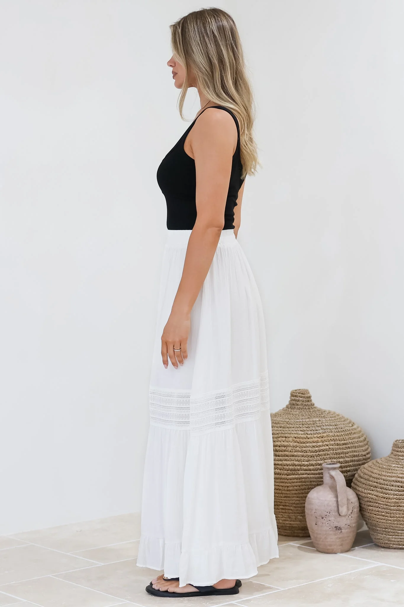 Linley Maxi Skirt - High Waisted Lace Insert Splicing Skirt in White - Image 7