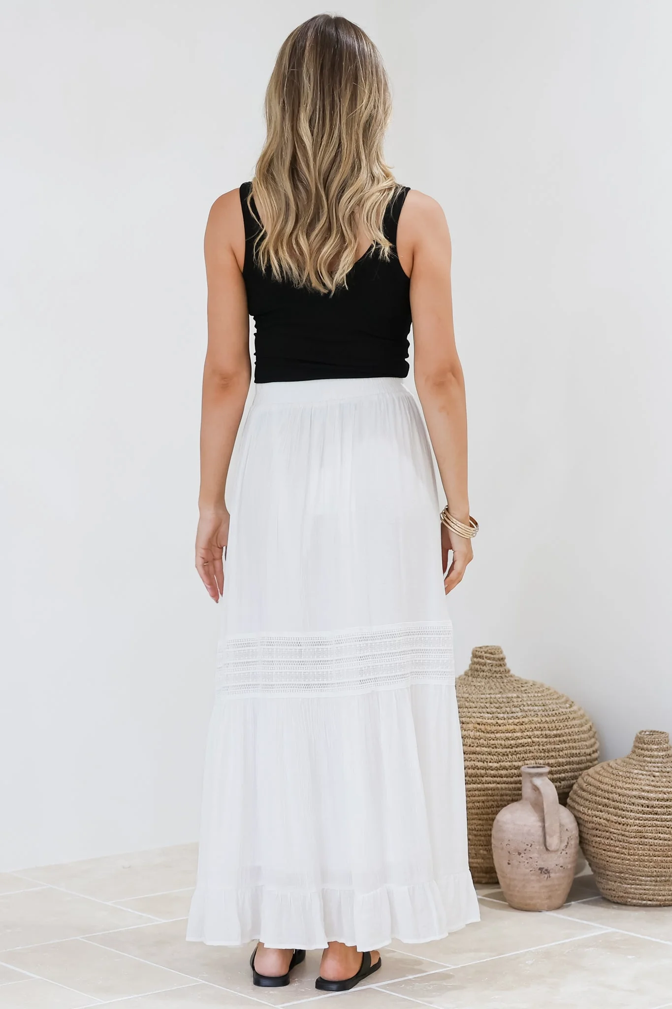 Linley Maxi Skirt - High Waisted Lace Insert Splicing Skirt in White - Image 8