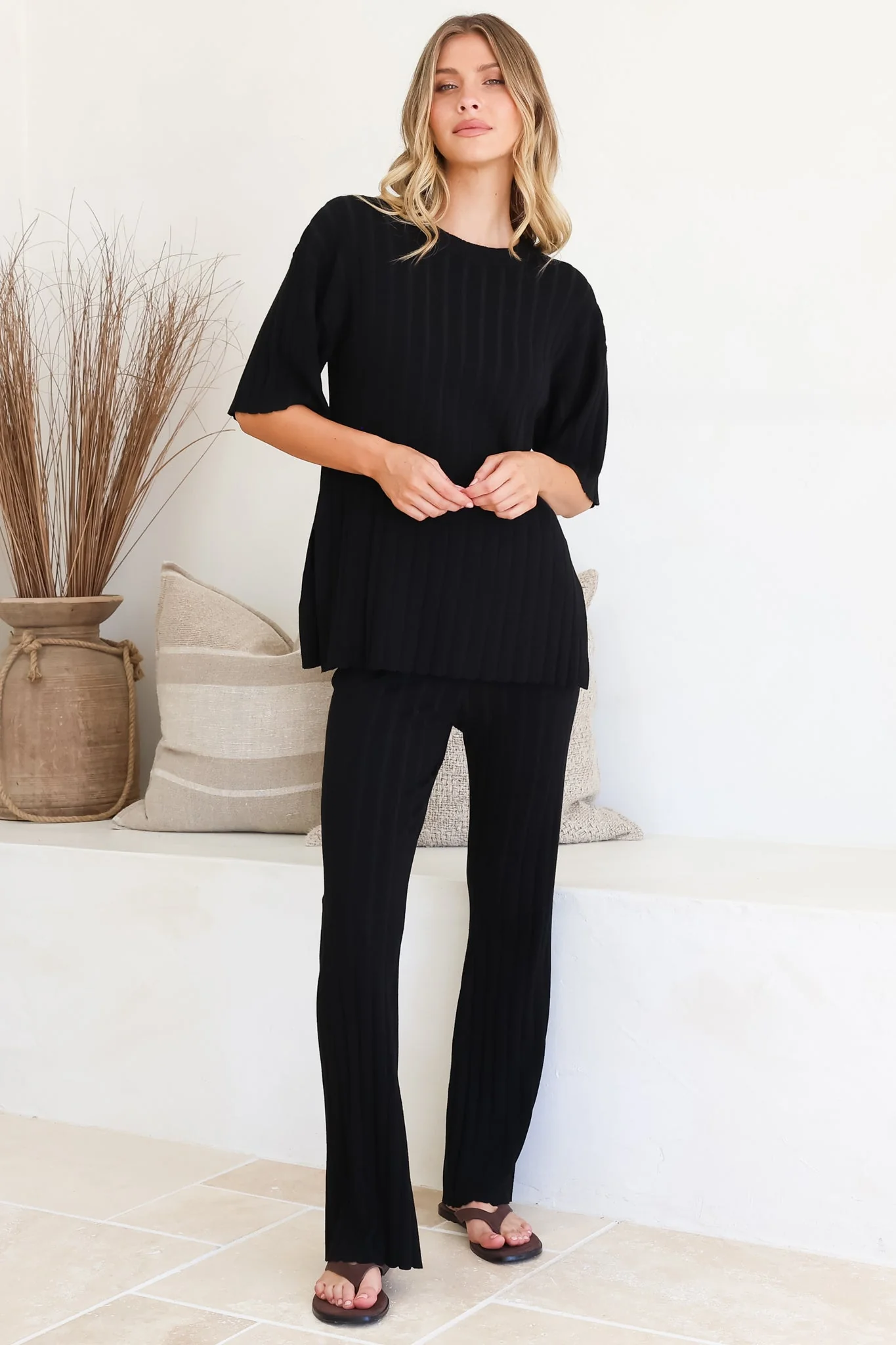 Lisette Set - Ribbed Knit Crew Neck Top and Subtle High Waisted Flared Tights in Black - Image 2