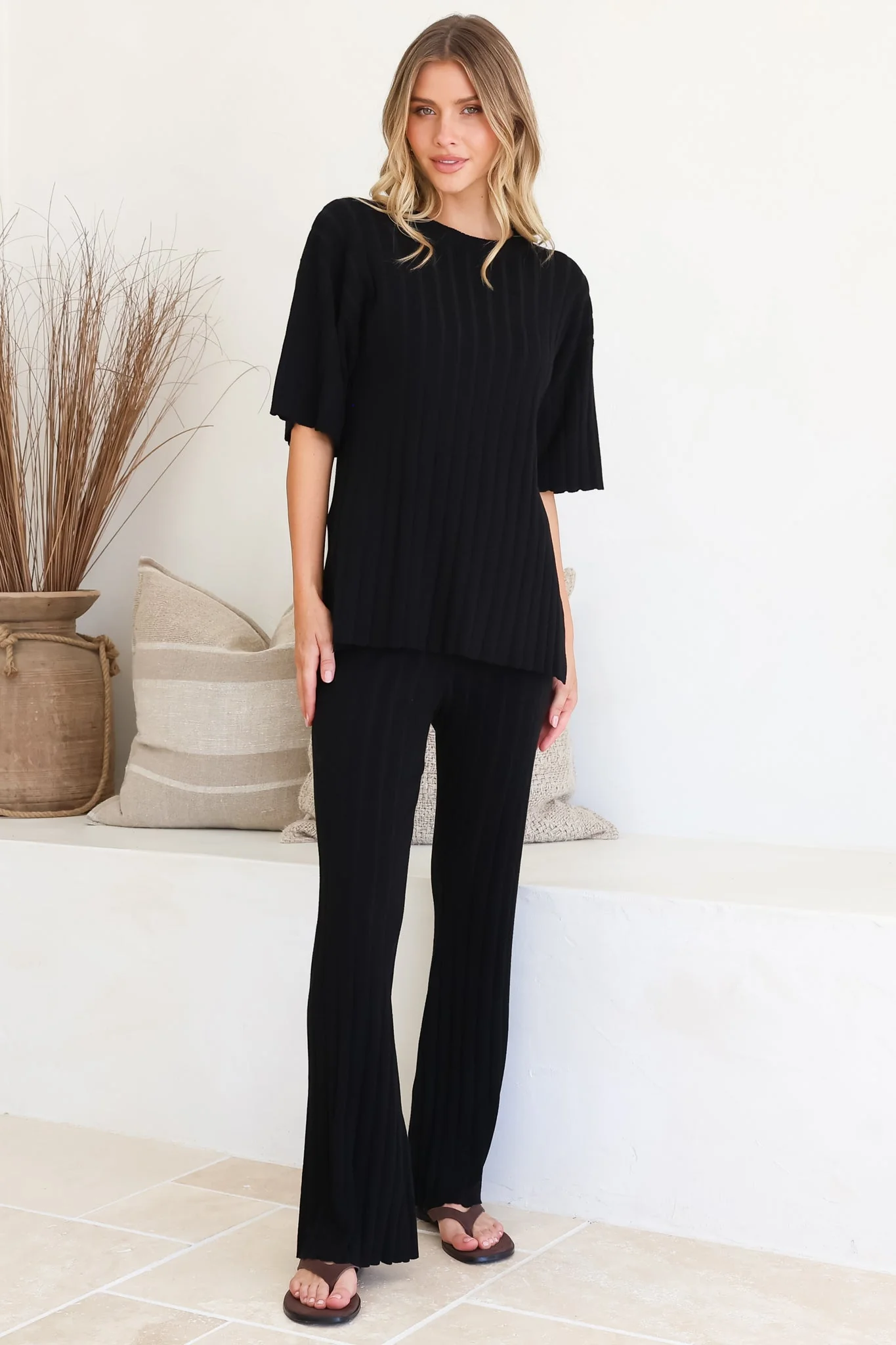 Lisette Set - Ribbed Knit Crew Neck Top and Subtle High Waisted Flared Tights in Black - Image 3