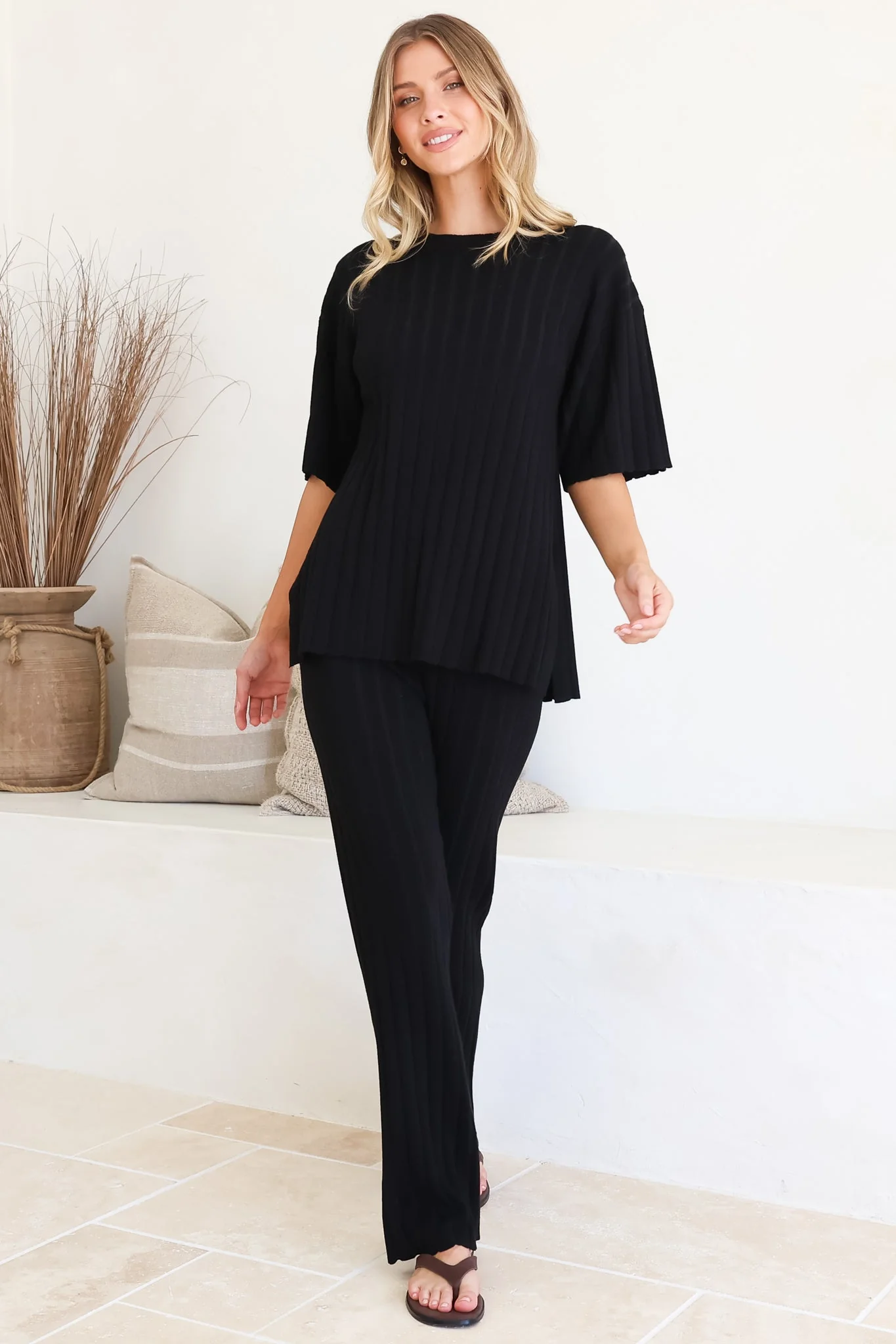 Lisette Set - Ribbed Knit Crew Neck Top and Subtle High Waisted Flared Tights in Black - Image 4