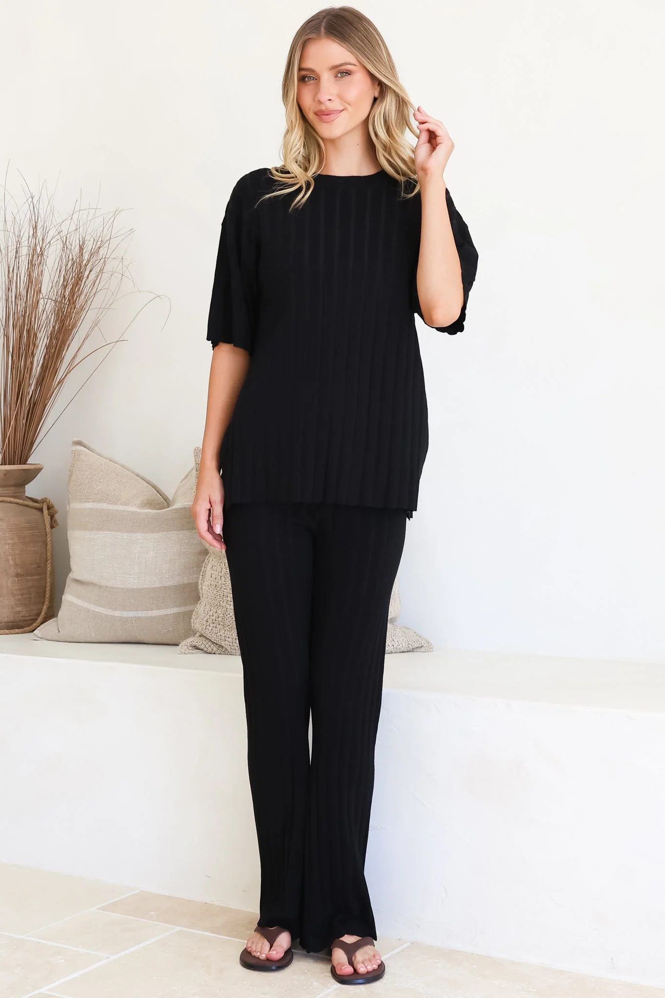 Lisette Set - Ribbed Knit Crew Neck Top and Subtle High Waisted Flared Tights in Black - Image 5