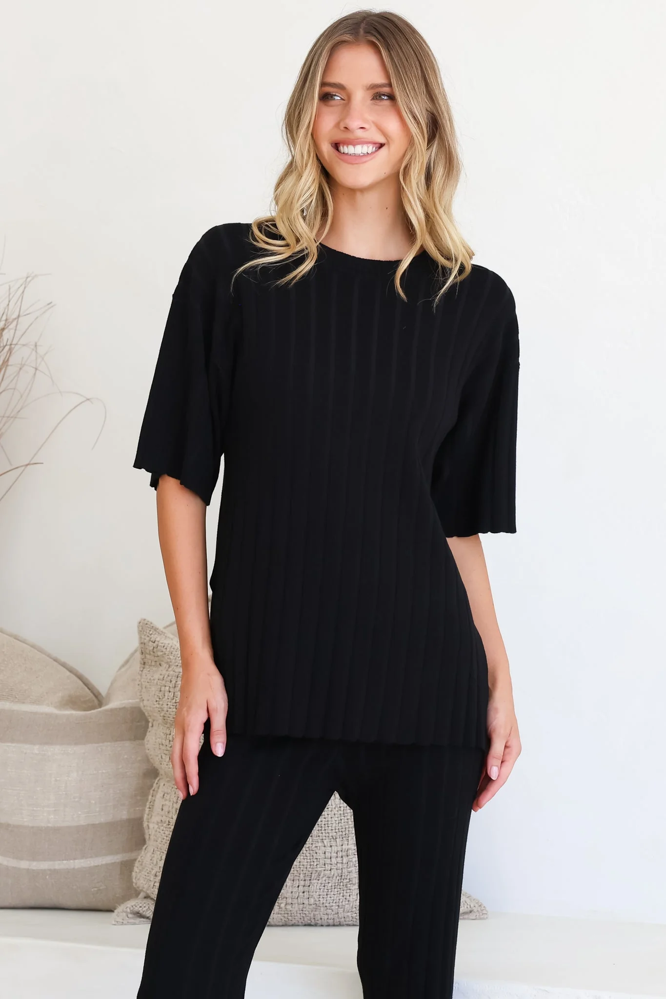 Lisette Set - Ribbed Knit Crew Neck Top and Subtle High Waisted Flared Tights in Black - Image 6