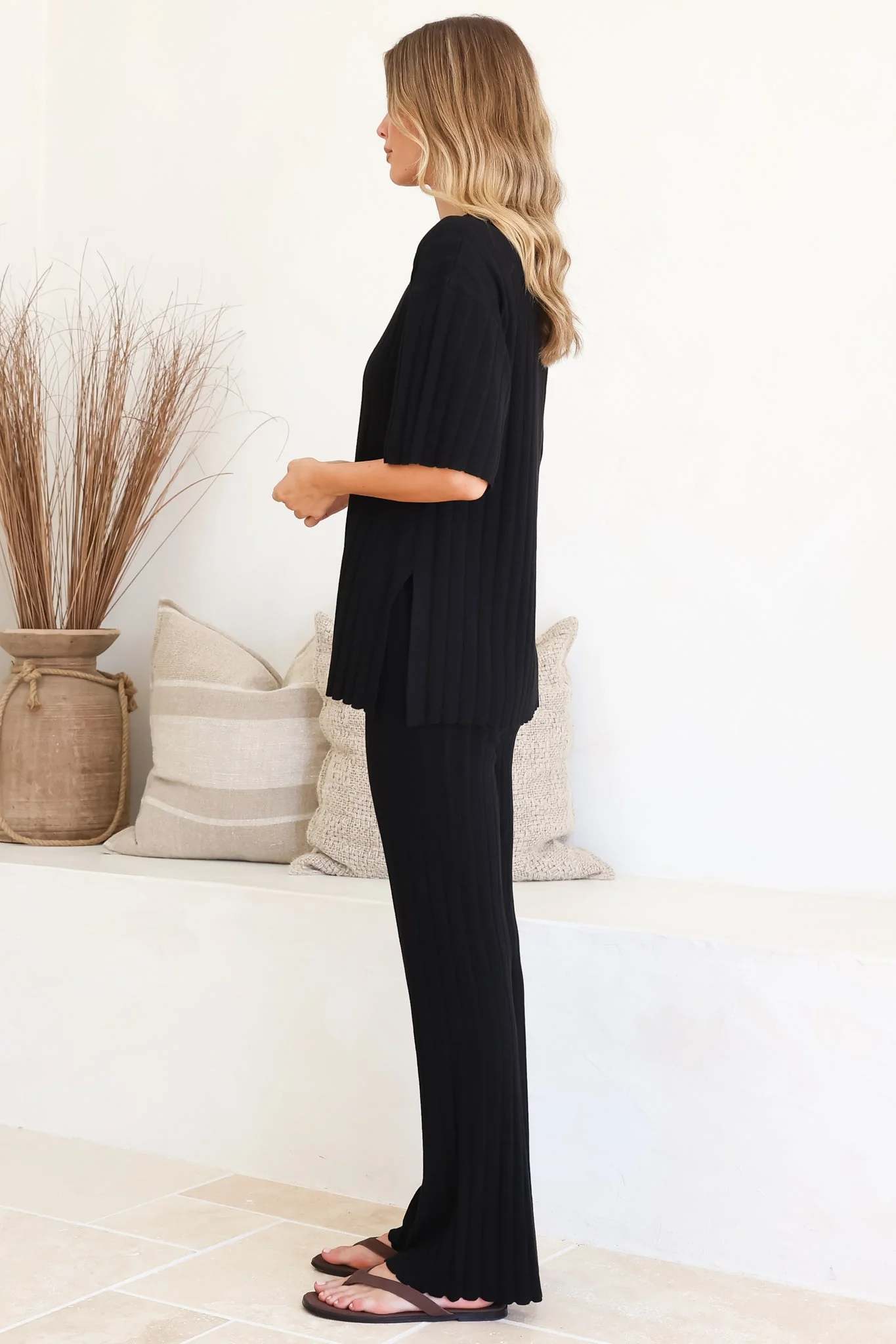 Lisette Set - Ribbed Knit Crew Neck Top and Subtle High Waisted Flared Tights in Black - Image 7