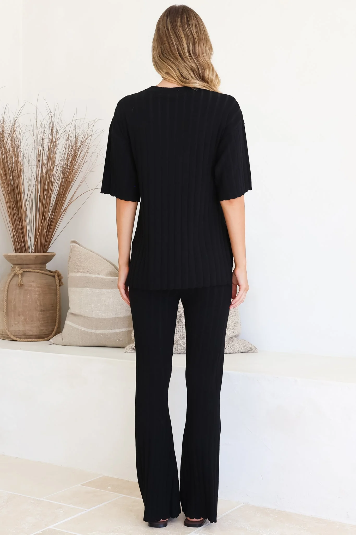 Lisette Set - Ribbed Knit Crew Neck Top and Subtle High Waisted Flared Tights in Black - Image 8