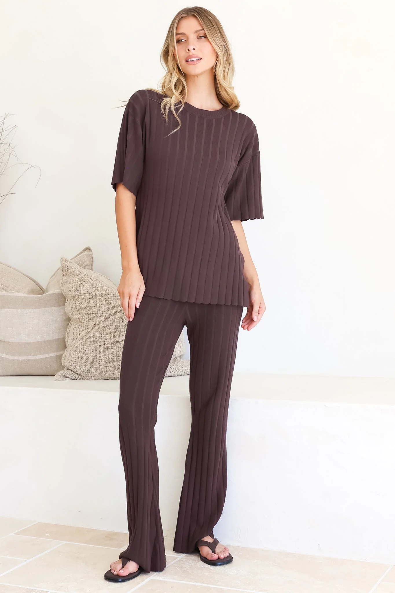 Lisette Set - Ribbed Knit Crew Neck Top and Subtle High Waisted Flared Tights in Chocolate - Image 3