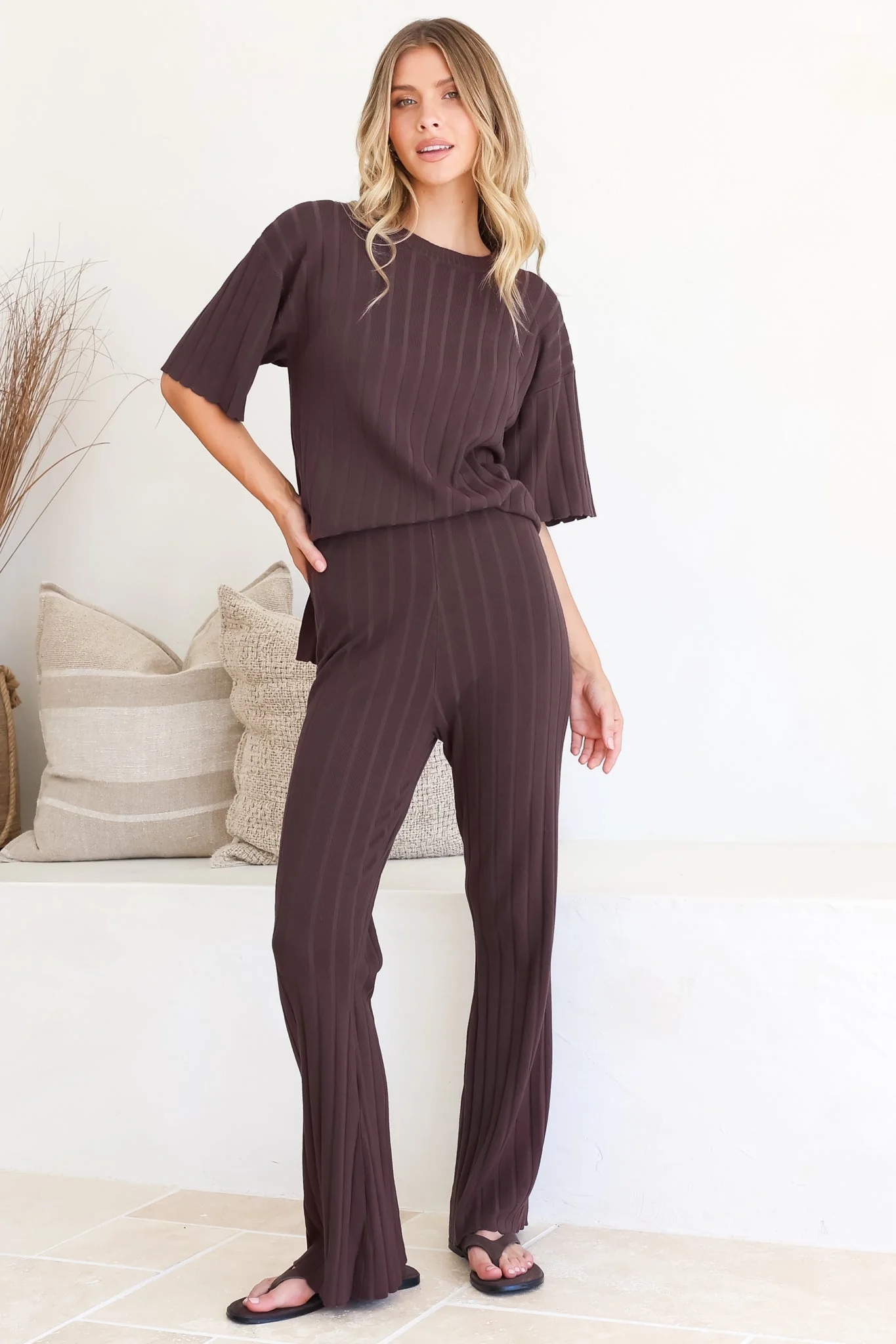 Lisette Set - Ribbed Knit Crew Neck Top and Subtle High Waisted Flared Tights in Chocolate - Image 4