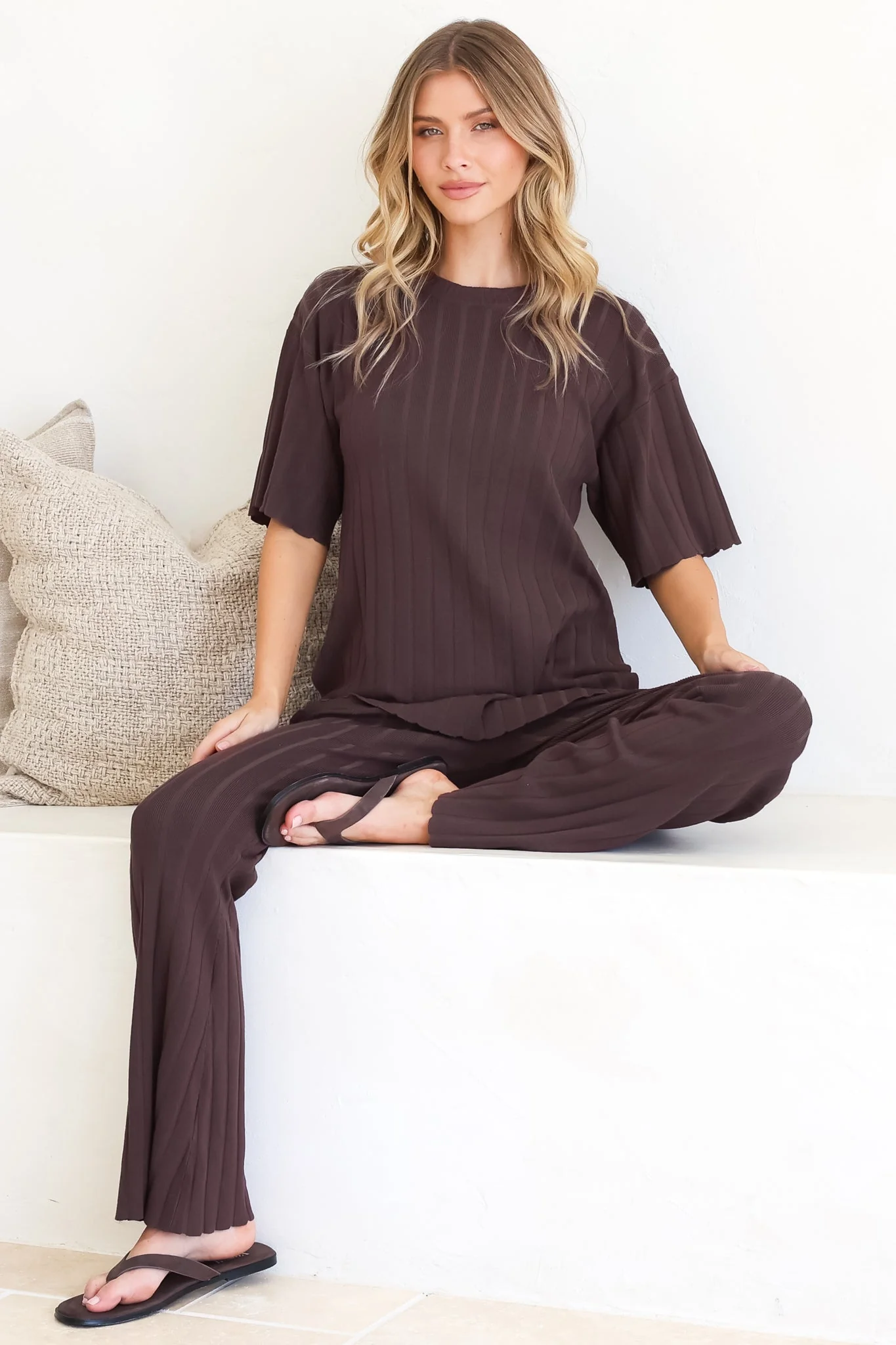 Lisette Set - Ribbed Knit Crew Neck Top and Subtle High Waisted Flared Tights in Chocolate - Image 5