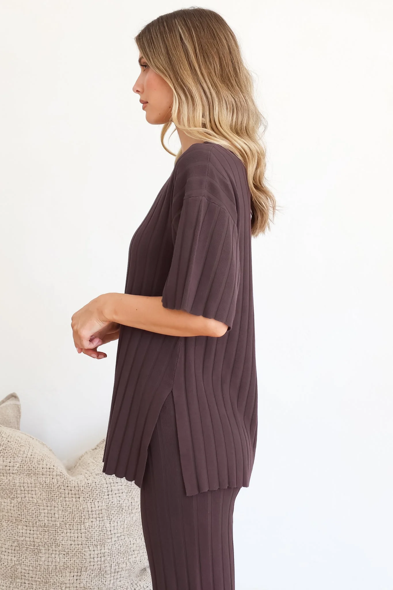 Lisette Set - Ribbed Knit Crew Neck Top and Subtle High Waisted Flared Tights in Chocolate - Image 6
