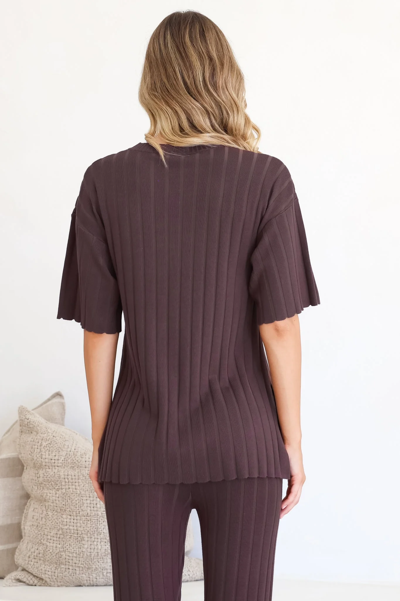 Lisette Set - Ribbed Knit Crew Neck Top and Subtle High Waisted Flared Tights in Chocolate - Image 7