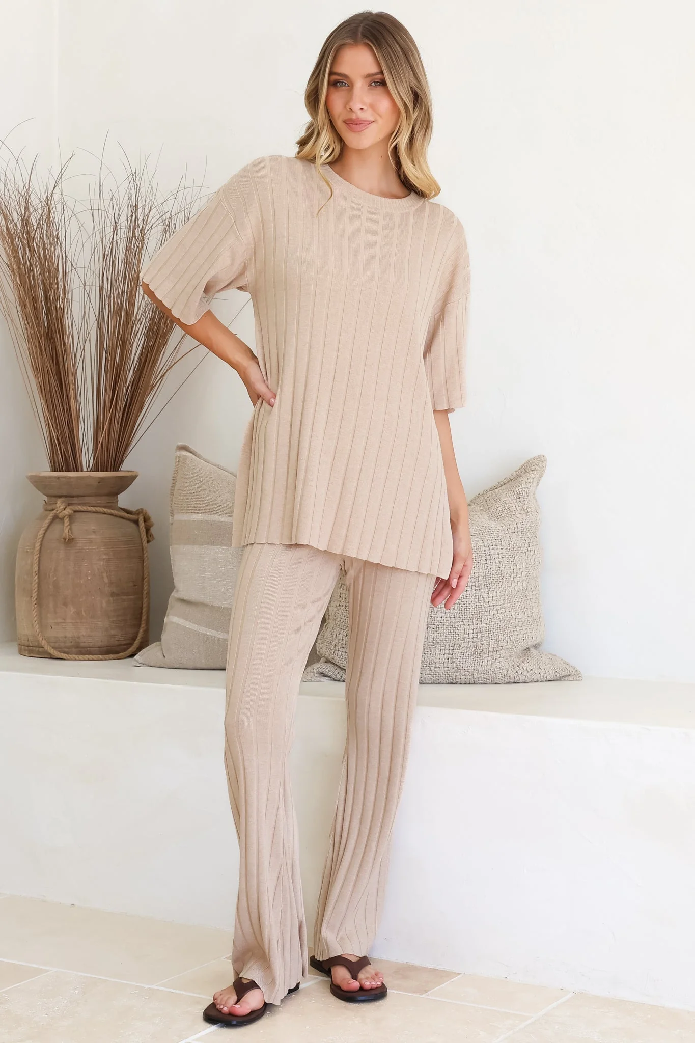 Lisette Set - Ribbed Knit Crew Neck Top and Subtle High Waisted Flared Tights in Cream - Image 2