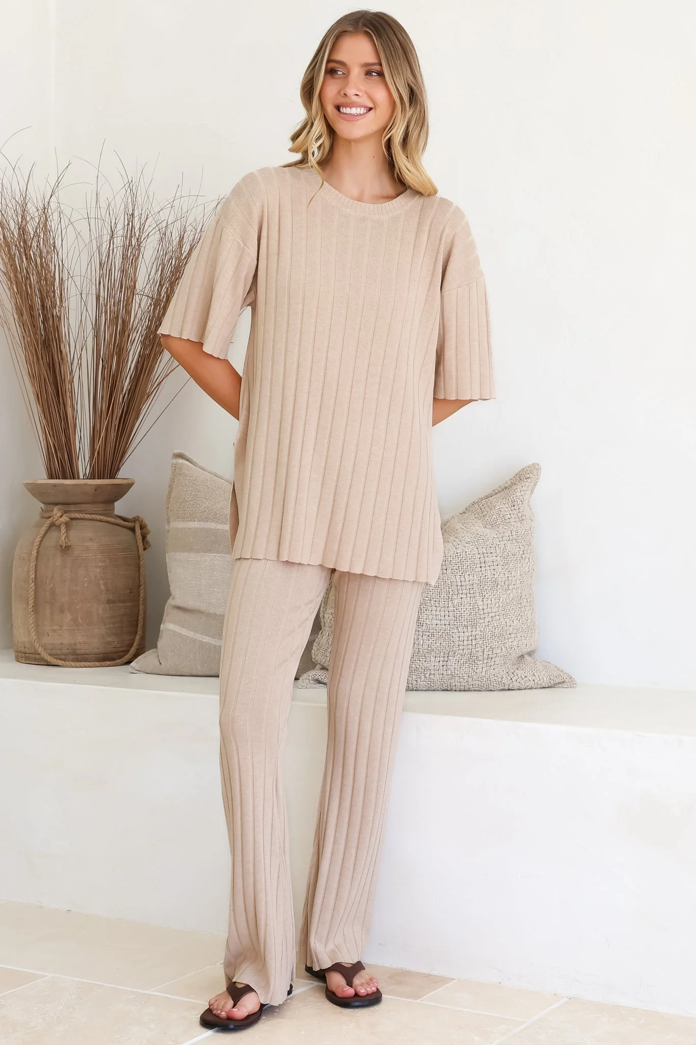 Lisette Set - Ribbed Knit Crew Neck Top and Subtle High Waisted Flared Tights in Cream - Image 4