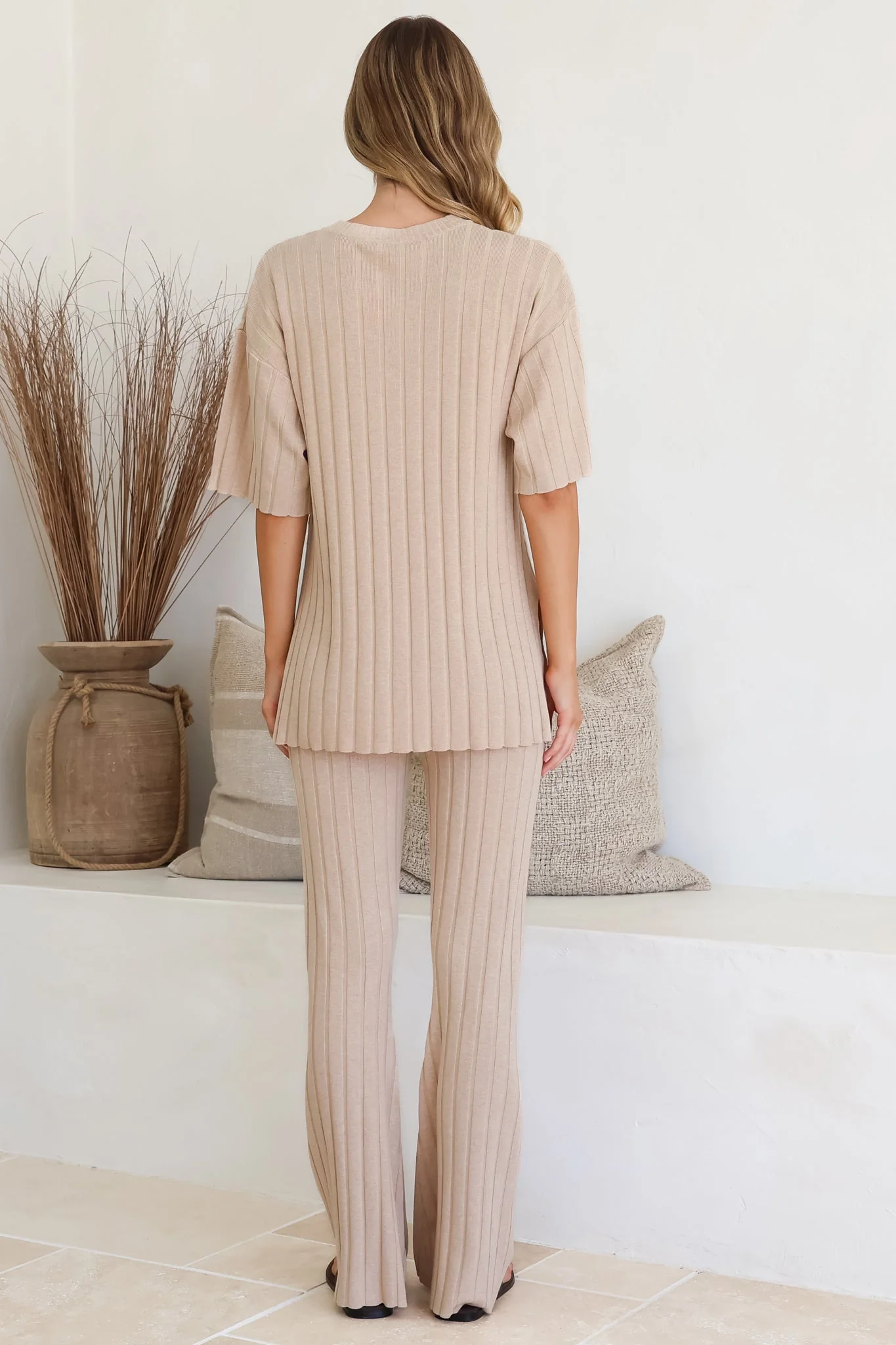 Lisette Set - Ribbed Knit Crew Neck Top and Subtle High Waisted Flared Tights in Cream - Image 6