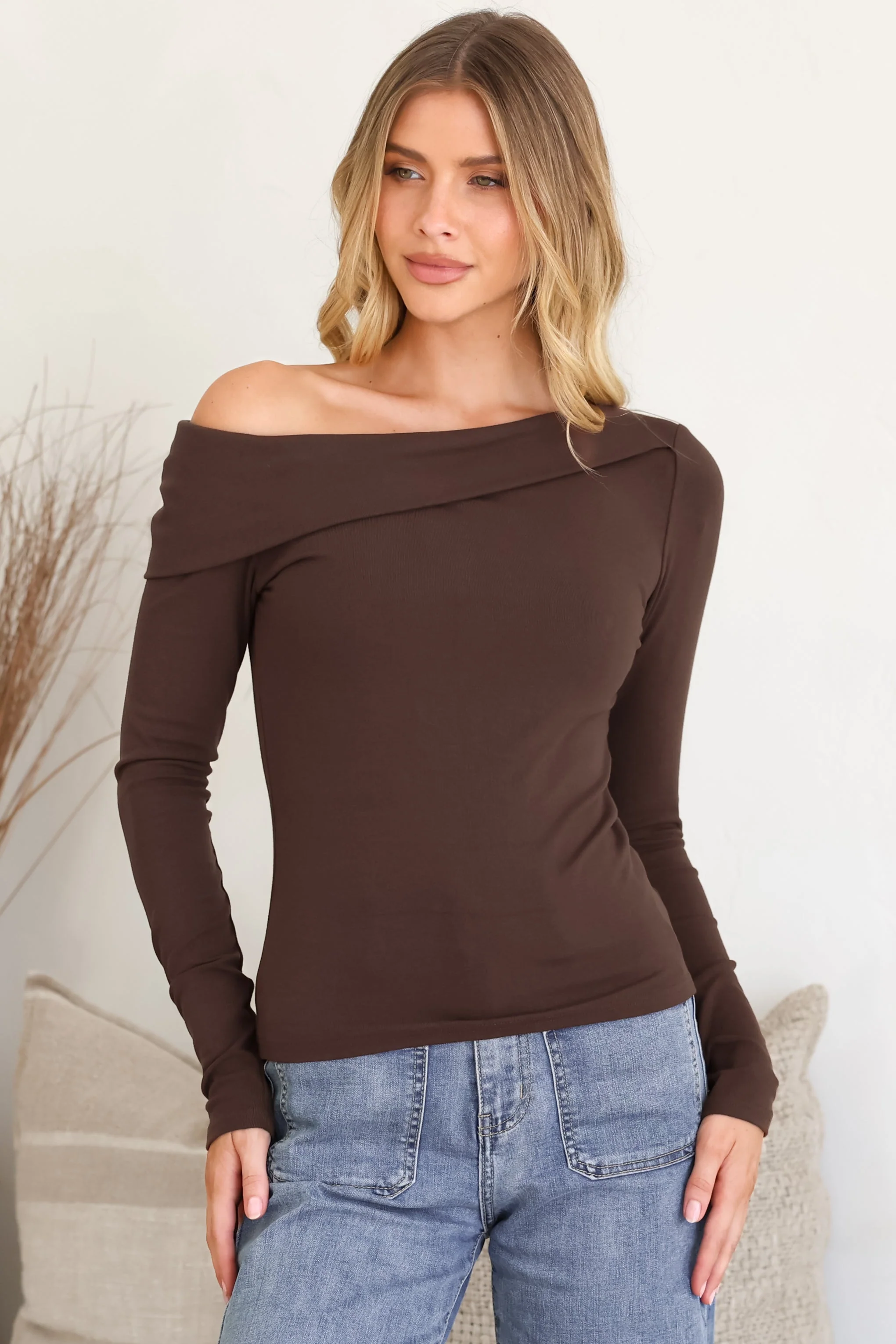 Lissa Top - Folded Asymmetric Neckline Long Sleeve Top in Chocolate - Image 2