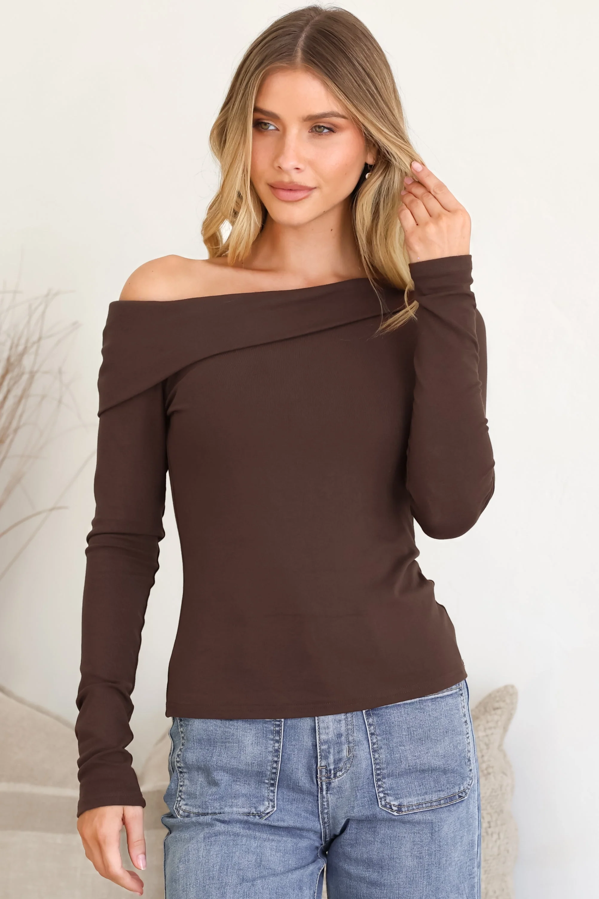 Lissa Top - Folded Asymmetric Neckline Long Sleeve Top in Chocolate - Image 5