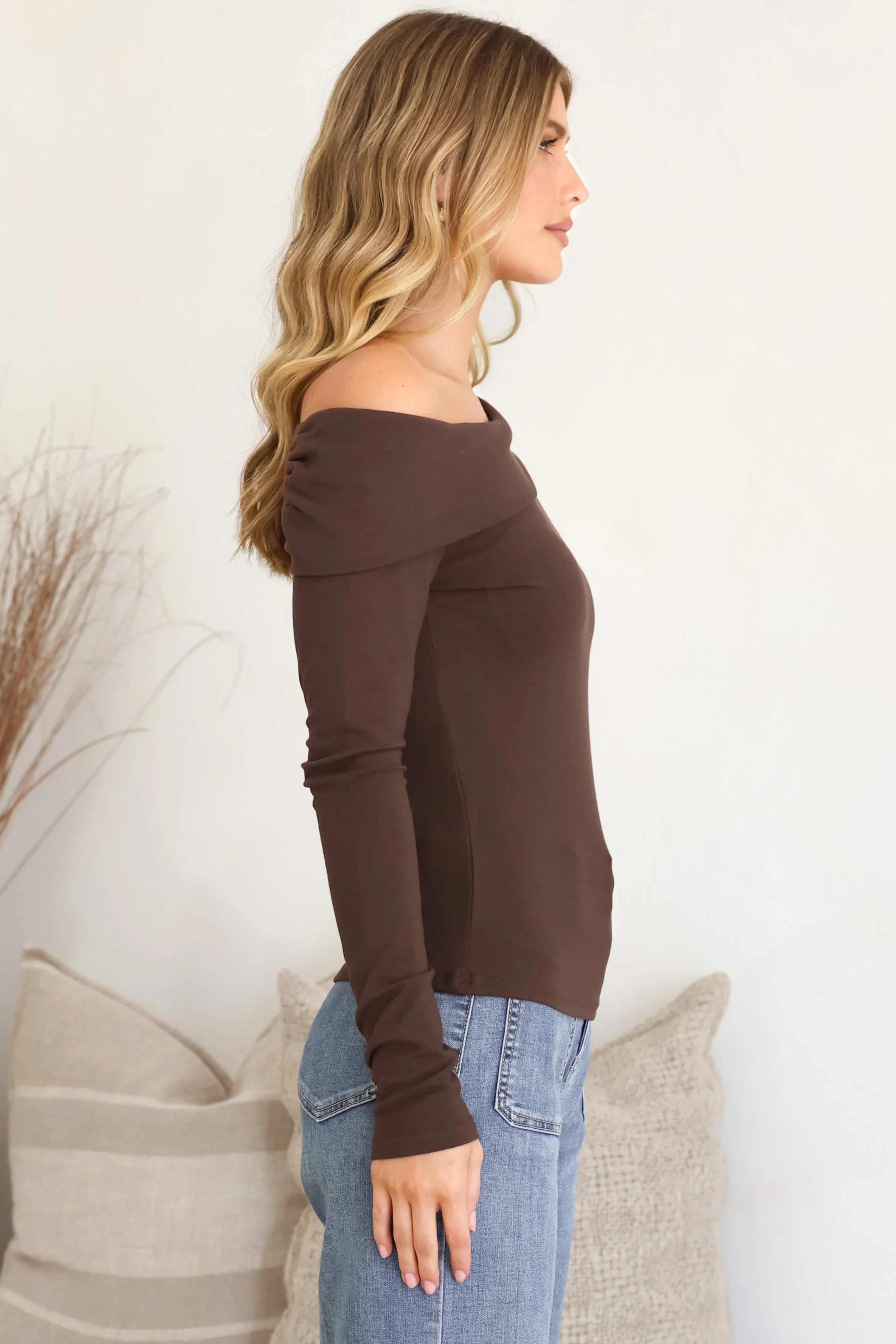 Lissa Top - Folded Asymmetric Neckline Long Sleeve Top in Chocolate - Image 8