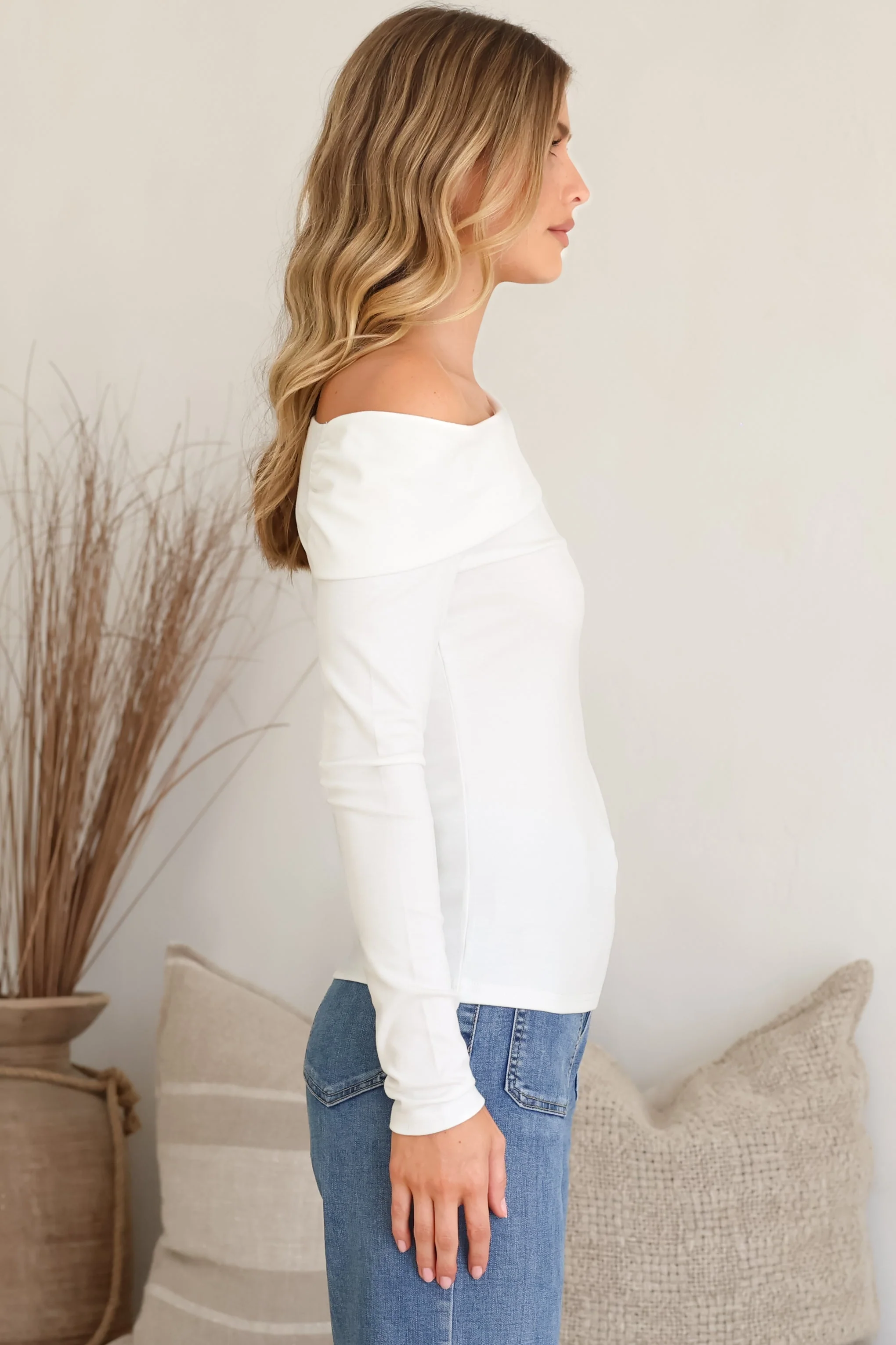 Lissa Top - Folded Asymmetric Neckline Long Sleeve Top in White - Image 7