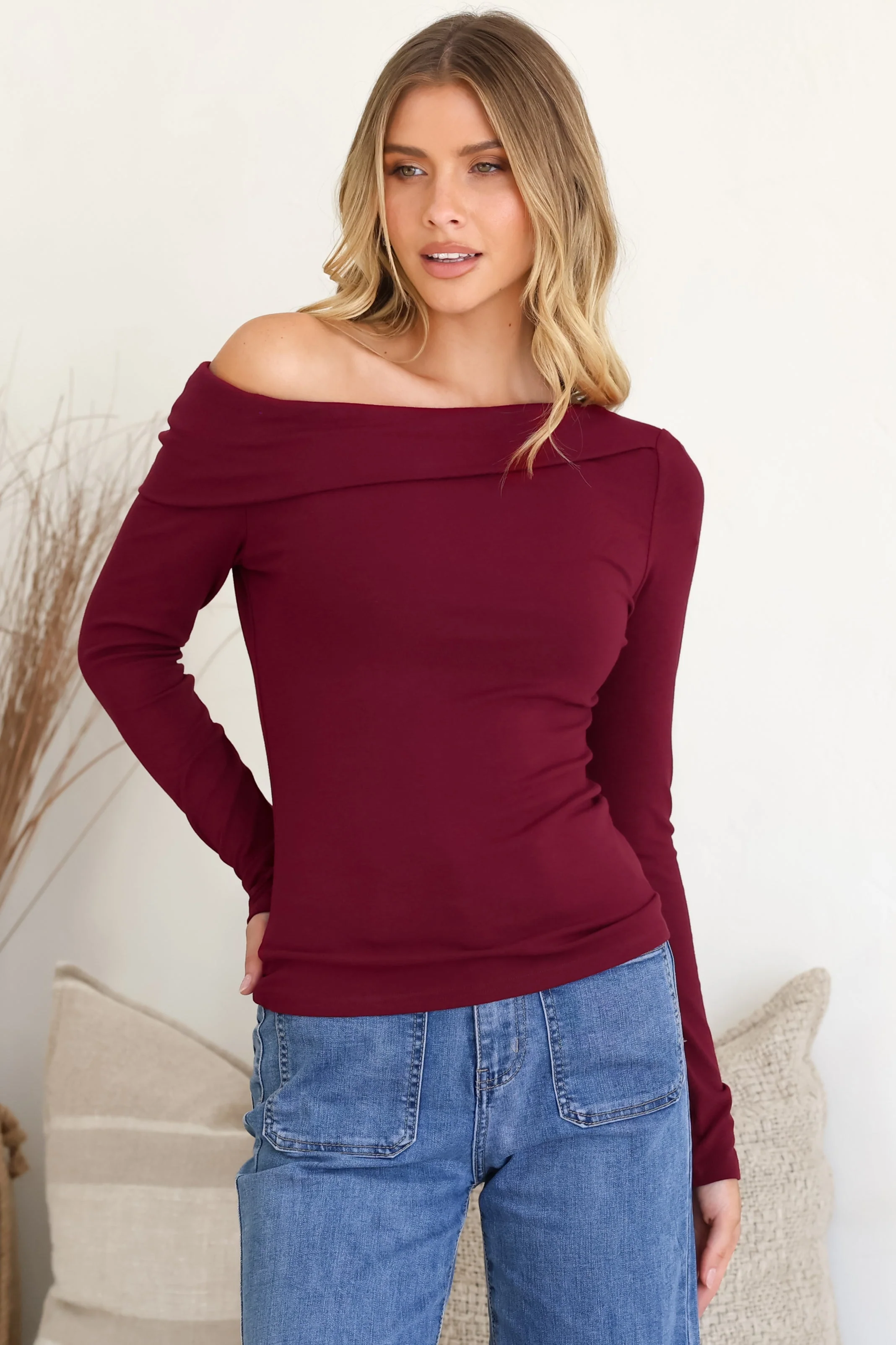 Lissa Top - Folded Asymmetric Neckline Long Sleeve Top in Wine - Image 2