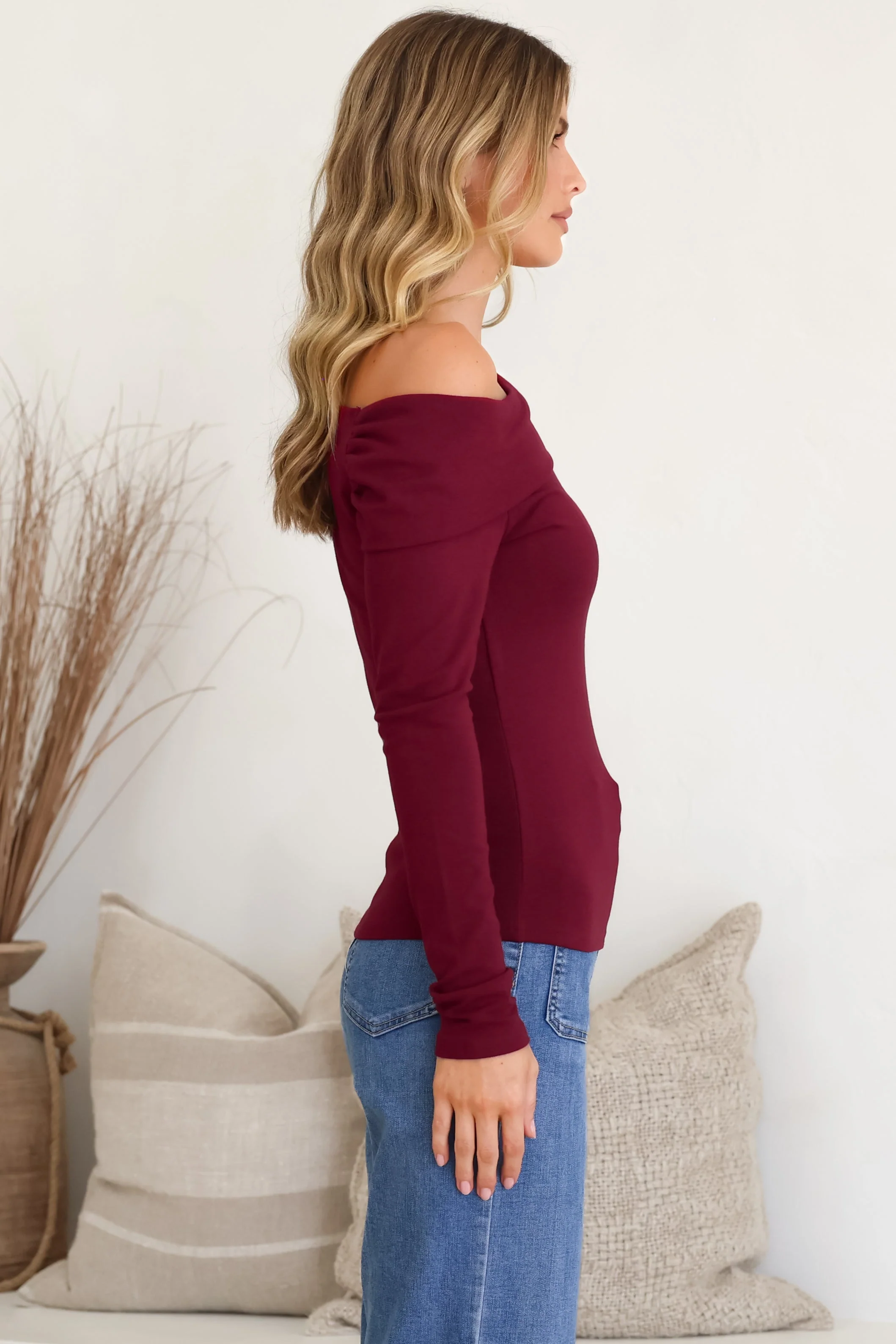 Lissa Top - Folded Asymmetric Neckline Long Sleeve Top in Wine - Image 7
