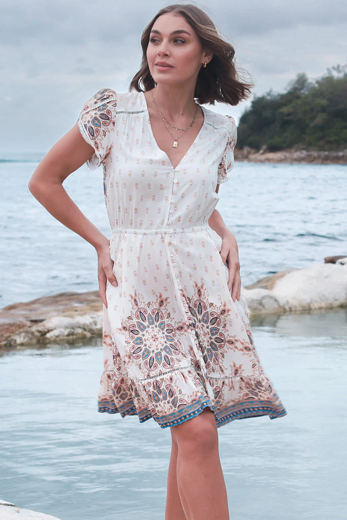JAASE - Lizzie Mini Dress: Butterfly Cap Sleeve Button Down Dress with Pockets in Gemstone Print - Image 13
