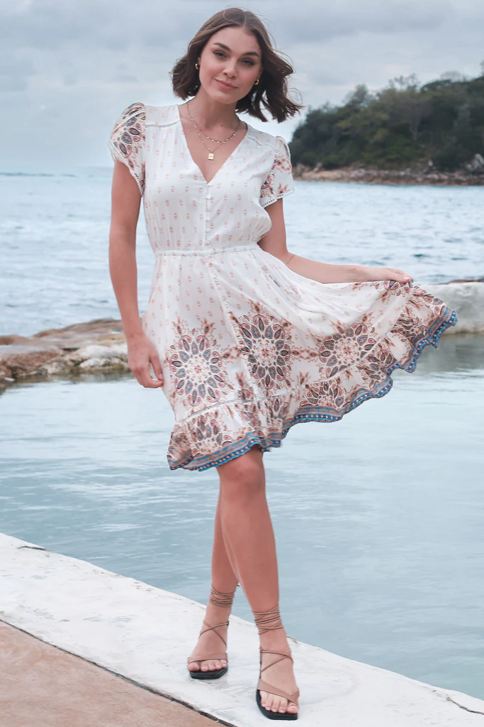 JAASE - Lizzie Mini Dress: Butterfly Cap Sleeve Button Down Dress with Pockets in Gemstone Print - Image 3