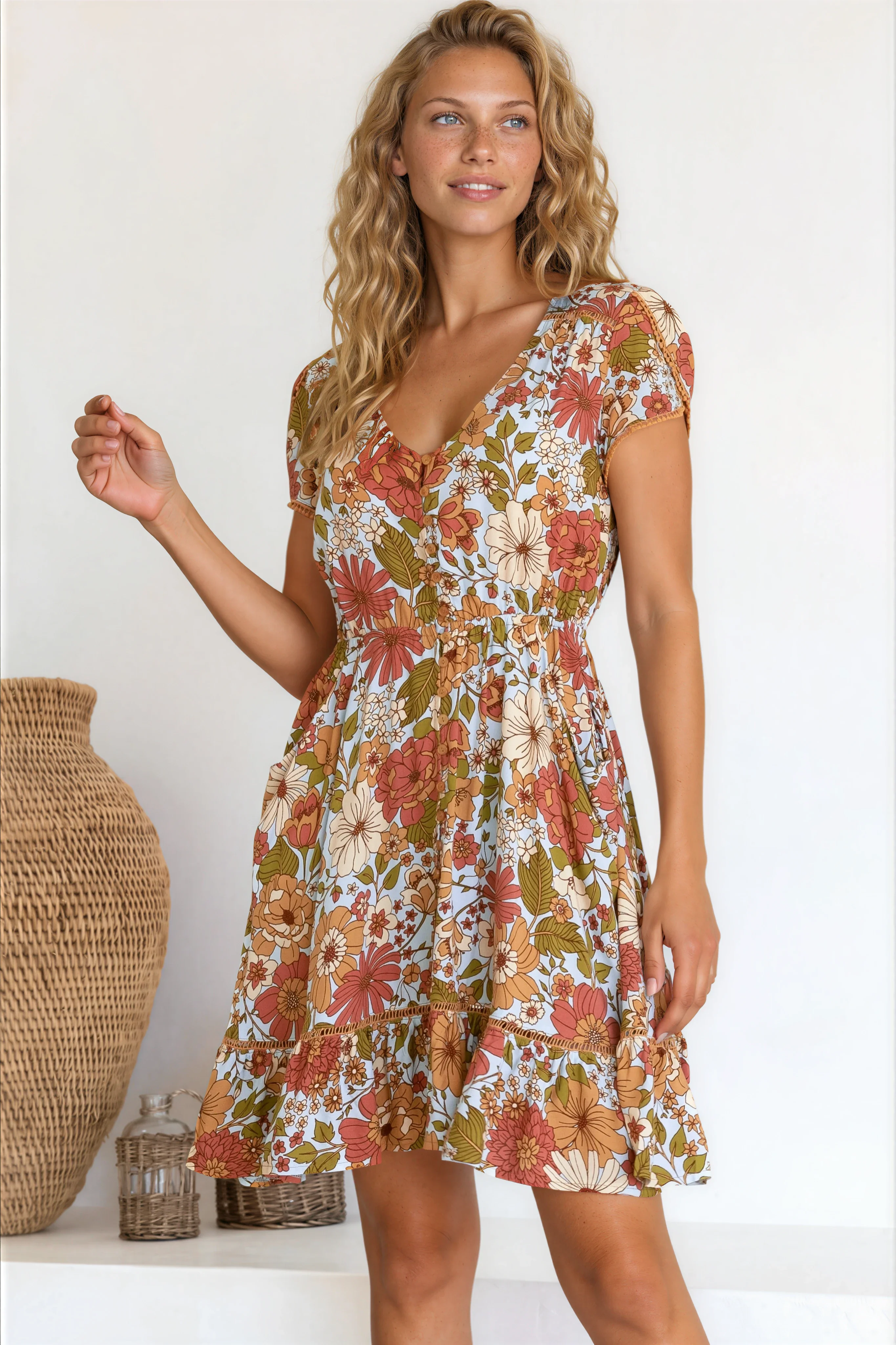 JAASE - Lizzie Mini Dress: Butterfly Cap Sleeve Button Down Dress with Pockets in Mimosa Print - Image 3