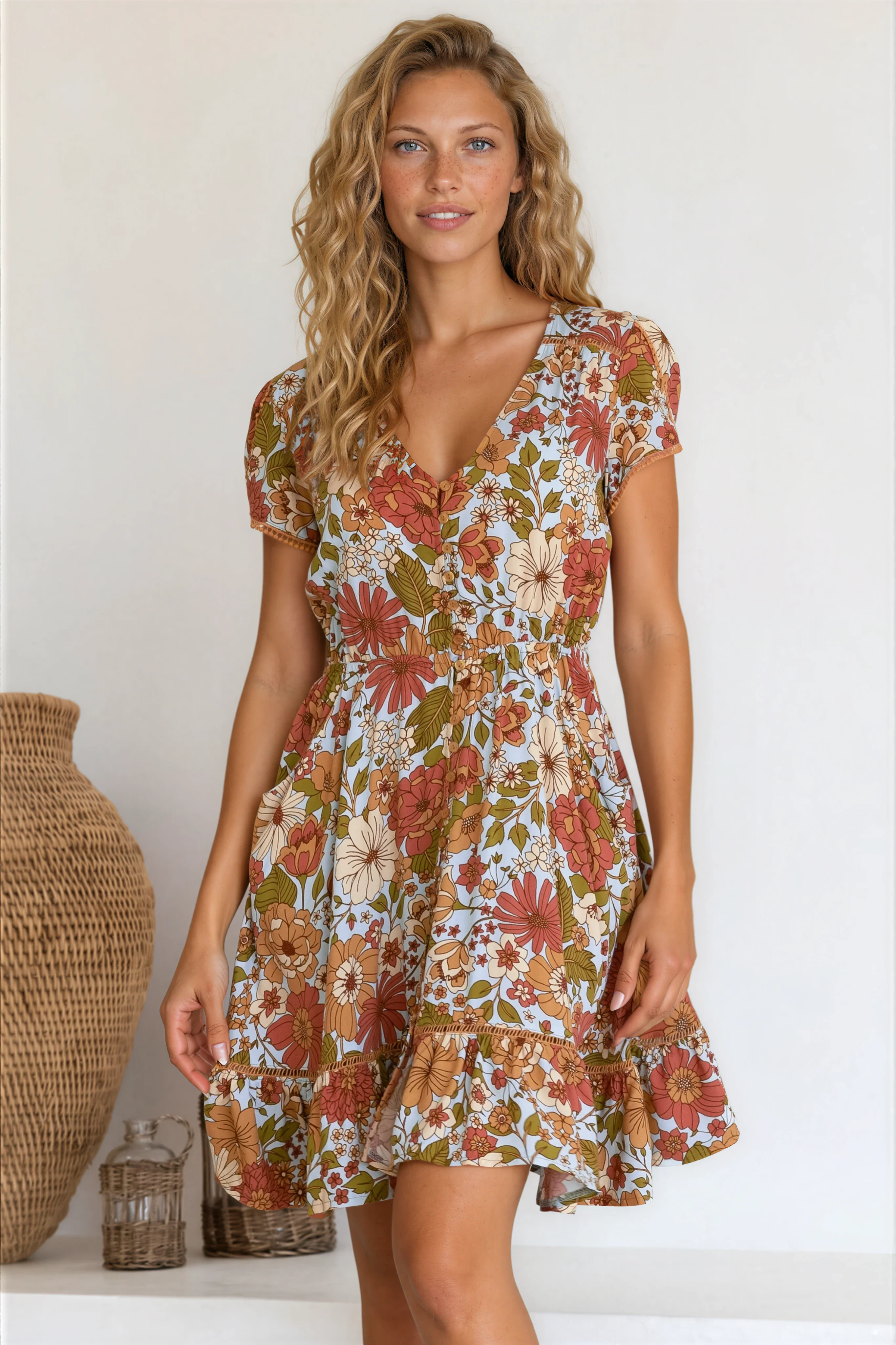 JAASE - Lizzie Mini Dress: Butterfly Cap Sleeve Button Down Dress with Pockets in Mimosa Print - Image 4