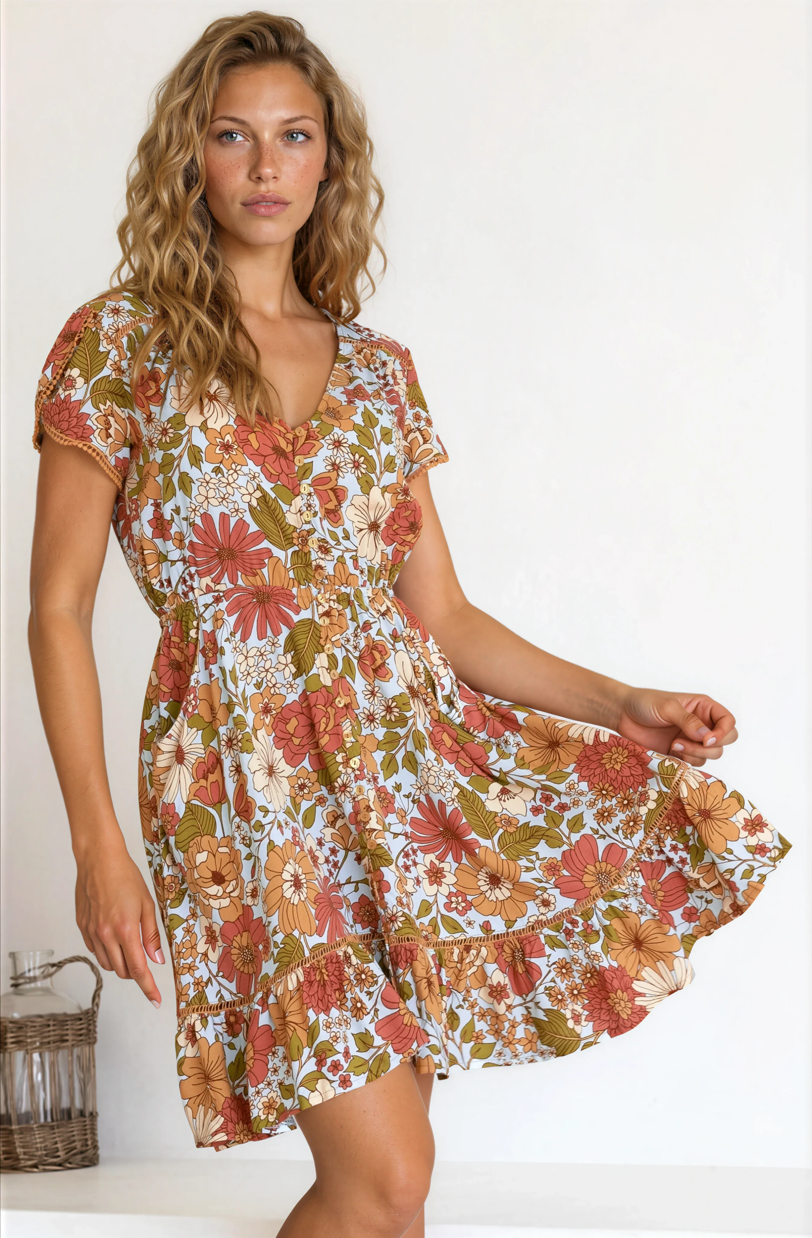 JAASE - Lizzie Mini Dress: Butterfly Cap Sleeve Button Down Dress with Pockets in Mimosa Print - Image 5