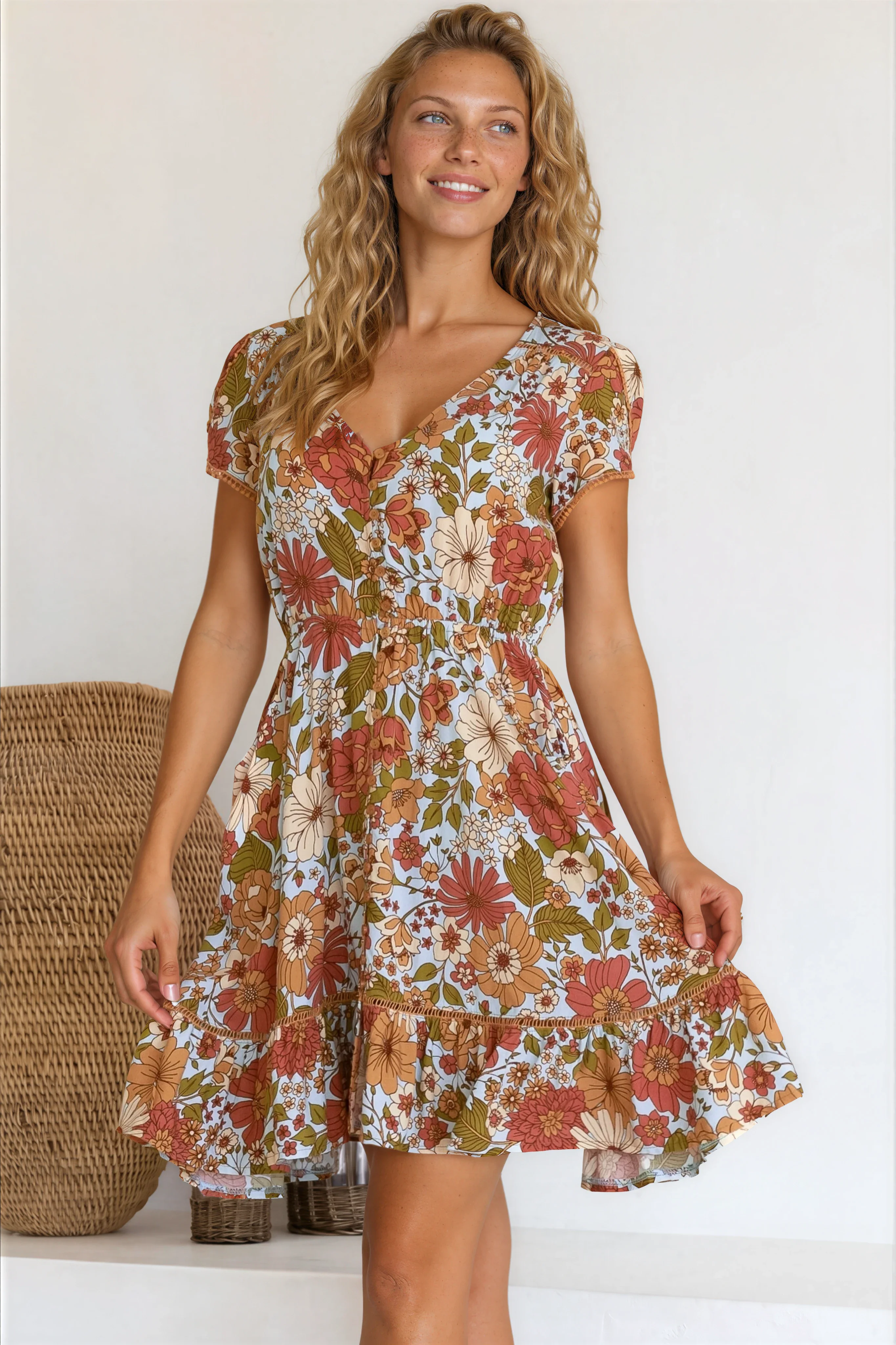 JAASE - Lizzie Mini Dress: Butterfly Cap Sleeve Button Down Dress with Pockets in Mimosa Print - Image 6