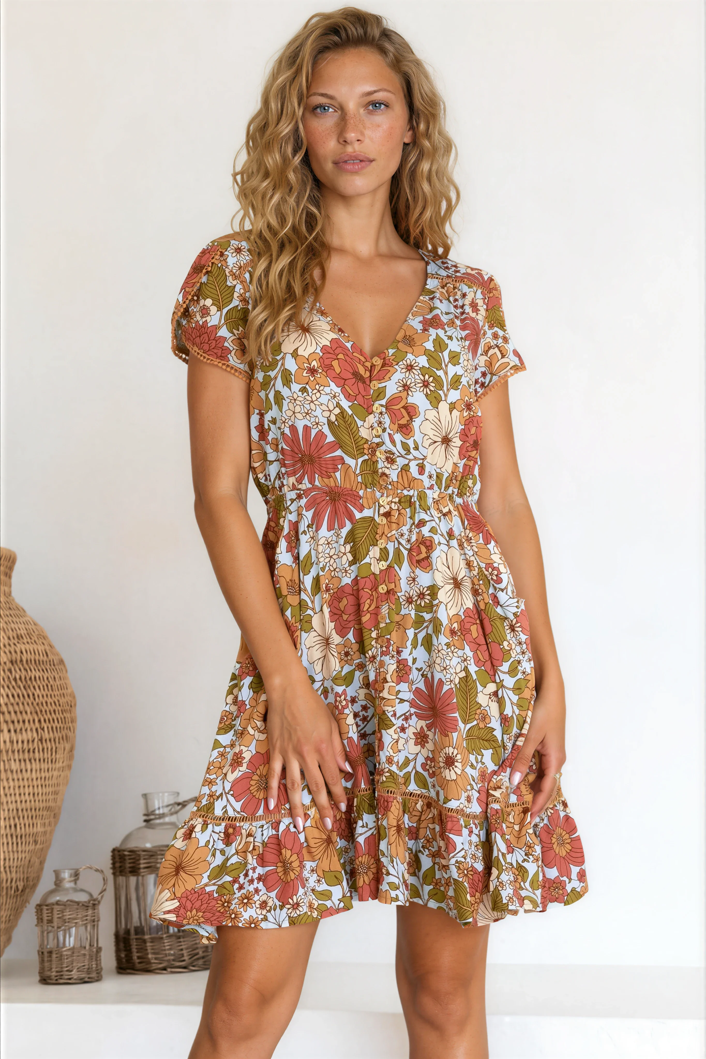 JAASE - Lizzie Mini Dress: Butterfly Cap Sleeve Button Down Dress with Pockets in Mimosa Print - Image 7