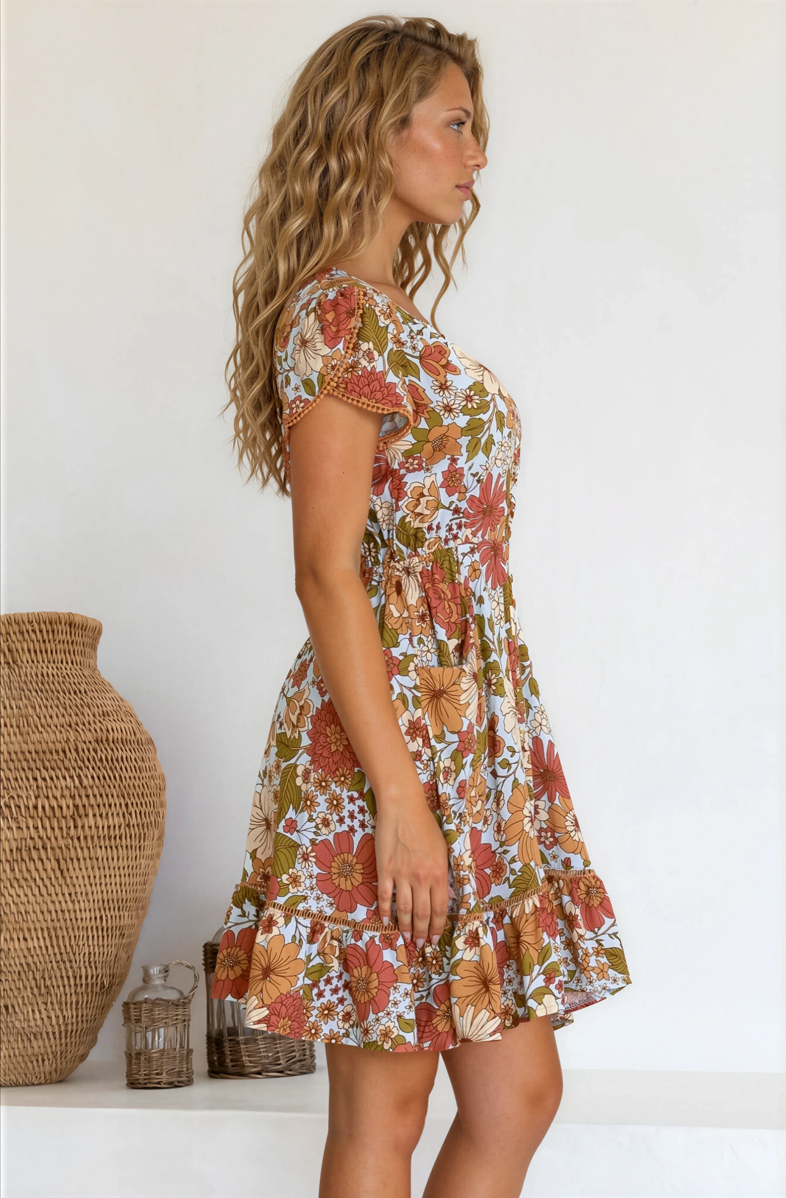 JAASE - Lizzie Mini Dress: Butterfly Cap Sleeve Button Down Dress with Pockets in Mimosa Print - Image 8