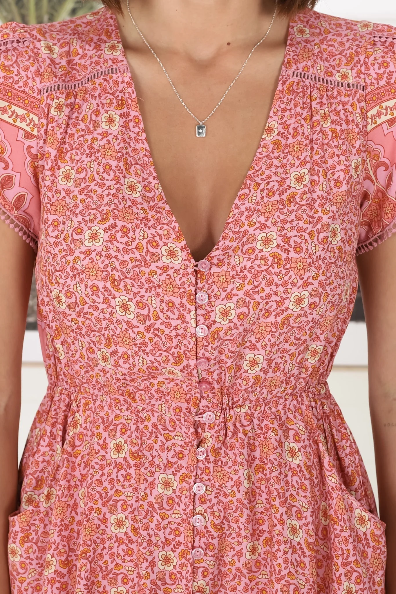 JAASE - Lizzie Mini Dress: Butterfly Cap Sleeve Button Down Dress with Pockets in Strawberries and Cream Print - Image 14