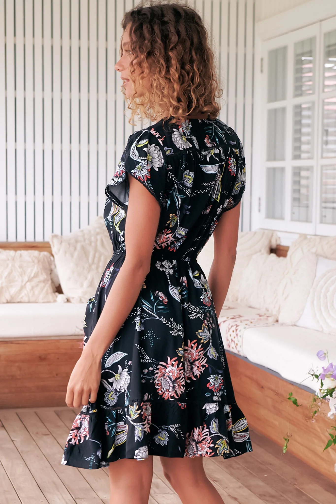 JAASE - Lizzie Mini Dress: Butterfly Cap Sleeve Button Down Dress with Pockets in Under The Stars Print - Image 10