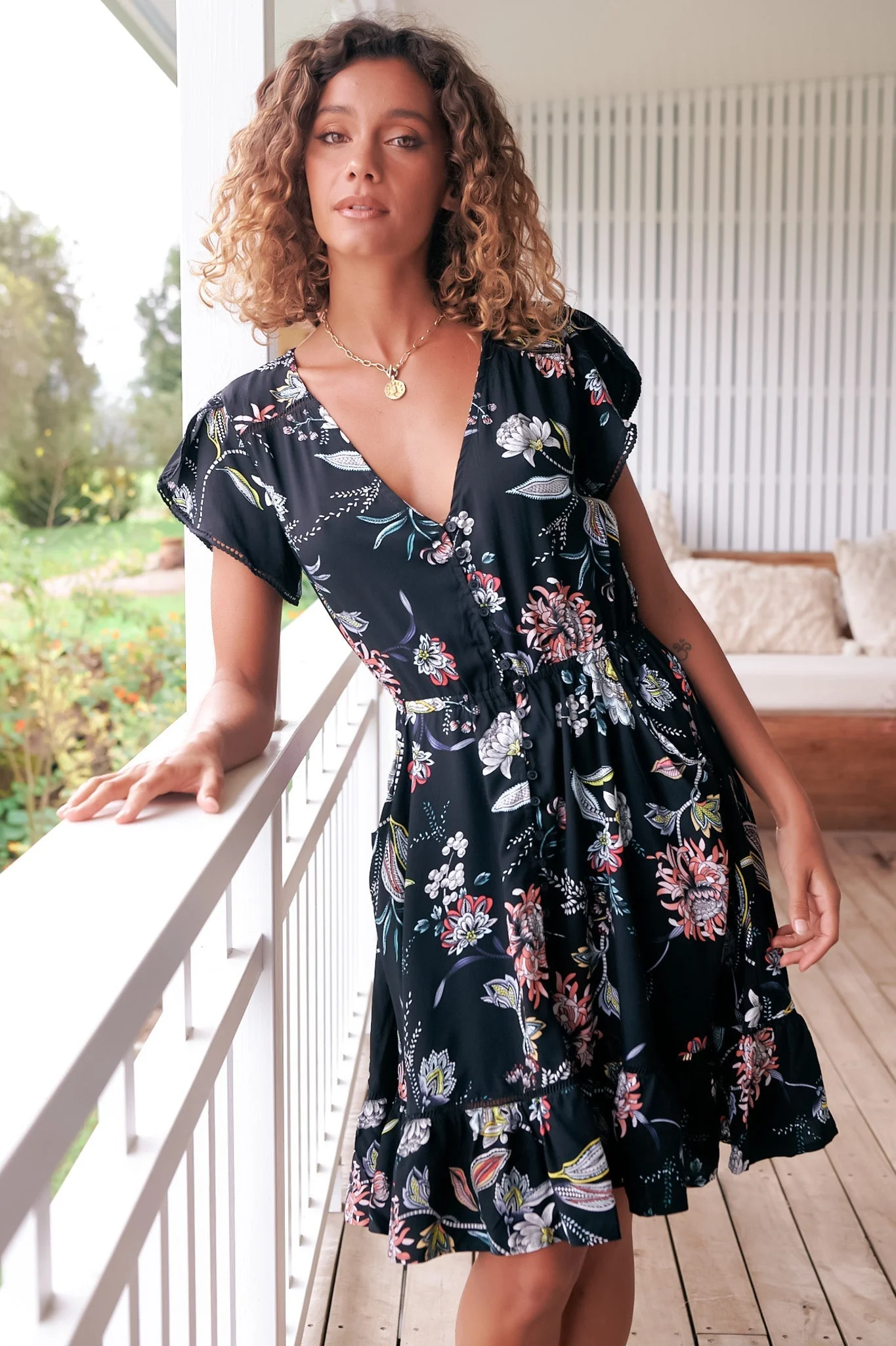 JAASE - Lizzie Mini Dress: Butterfly Cap Sleeve Button Down Dress with Pockets in Under The Stars Print - Image 2