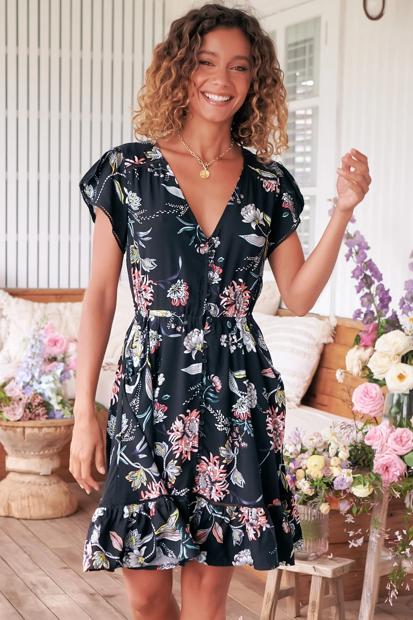 JAASE - Lizzie Mini Dress: Butterfly Cap Sleeve Button Down Dress with Pockets in Under The Stars Print - Image 3