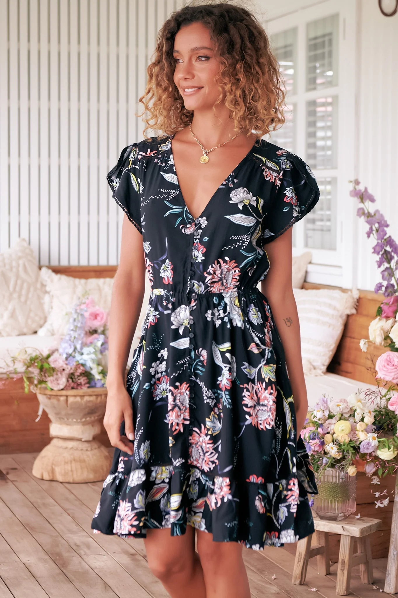 JAASE - Lizzie Mini Dress: Butterfly Cap Sleeve Button Down Dress with Pockets in Under The Stars Print - Image 4