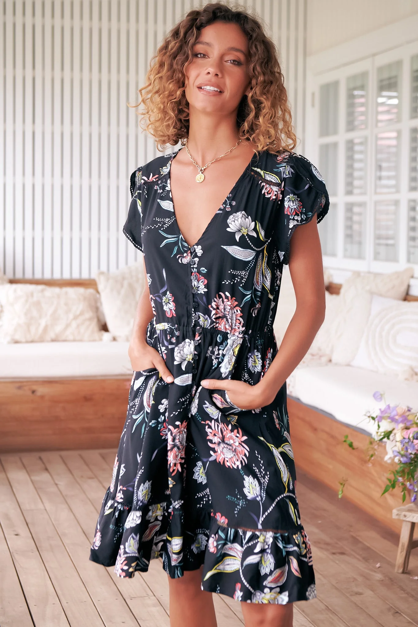 JAASE - Lizzie Mini Dress: Butterfly Cap Sleeve Button Down Dress with Pockets in Under The Stars Print - Image 5