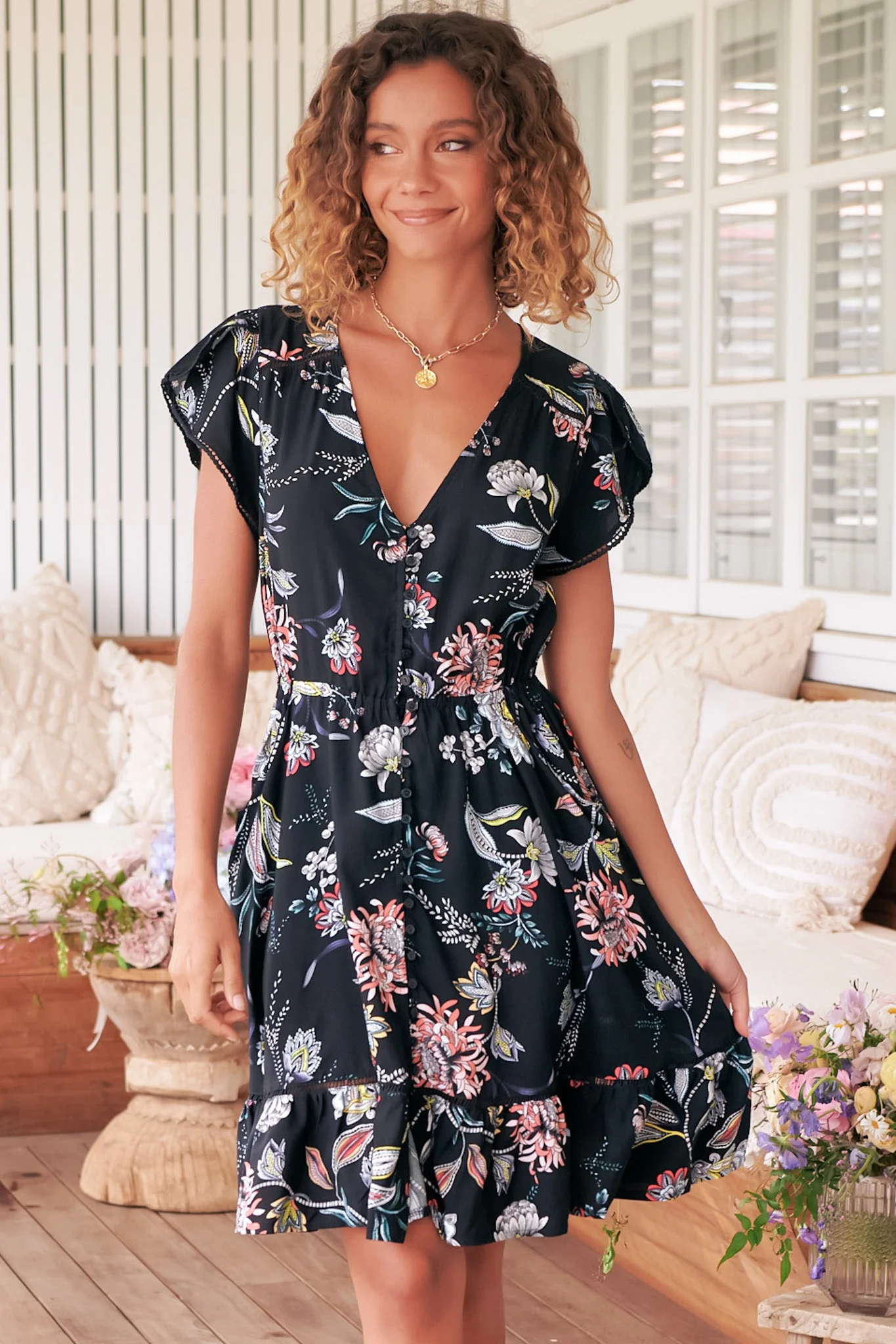 JAASE - Lizzie Mini Dress: Butterfly Cap Sleeve Button Down Dress with Pockets in Under The Stars Print - Image 6